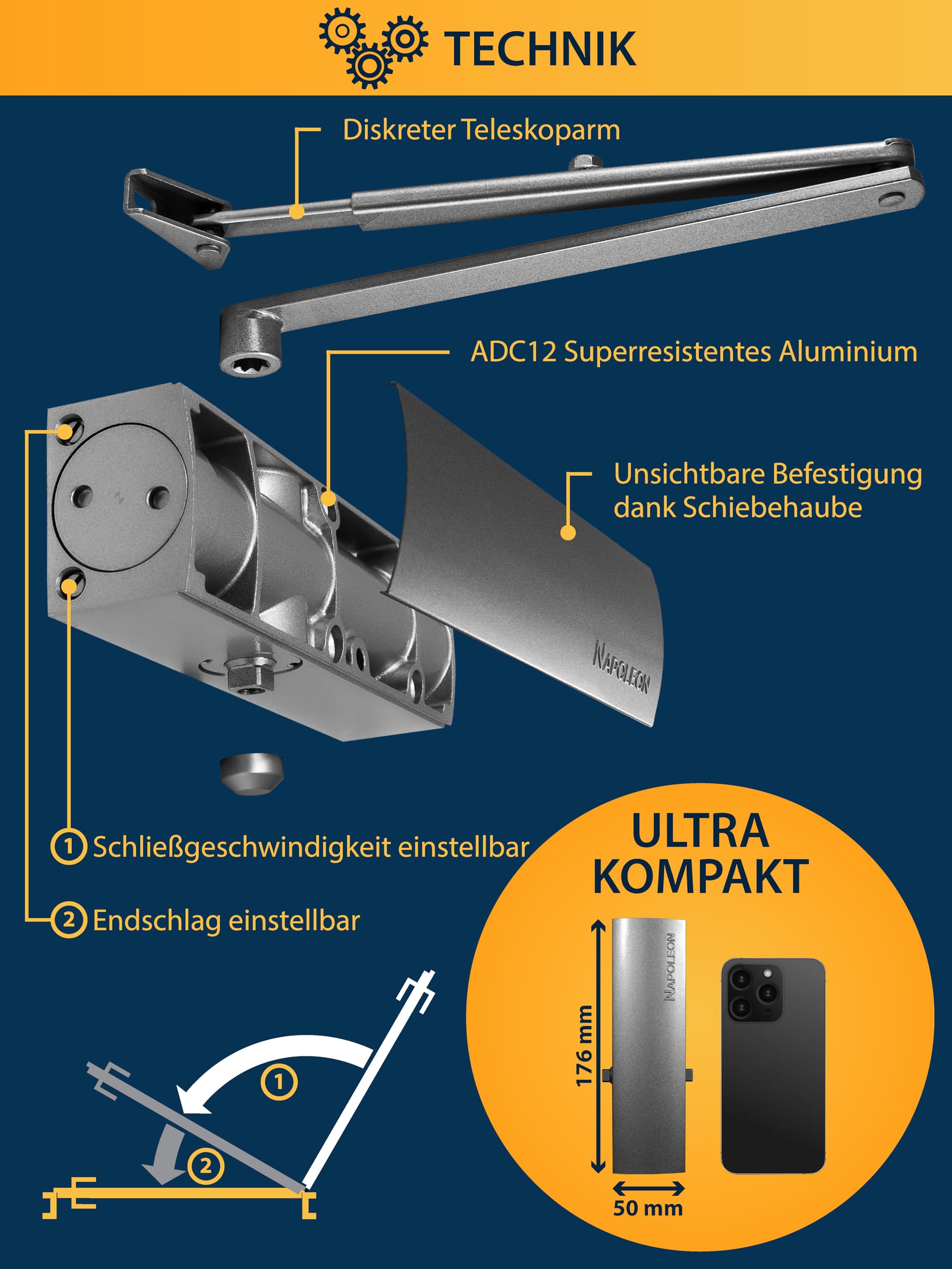 NAPOLEON N-1000 Robuster Automatischer Türschließer - Kommerziell & Residential - Türen von 20Kg bis 60Kg Größe 3 - Bohrschablone - Einfache und Schnelle Montage (Silber)