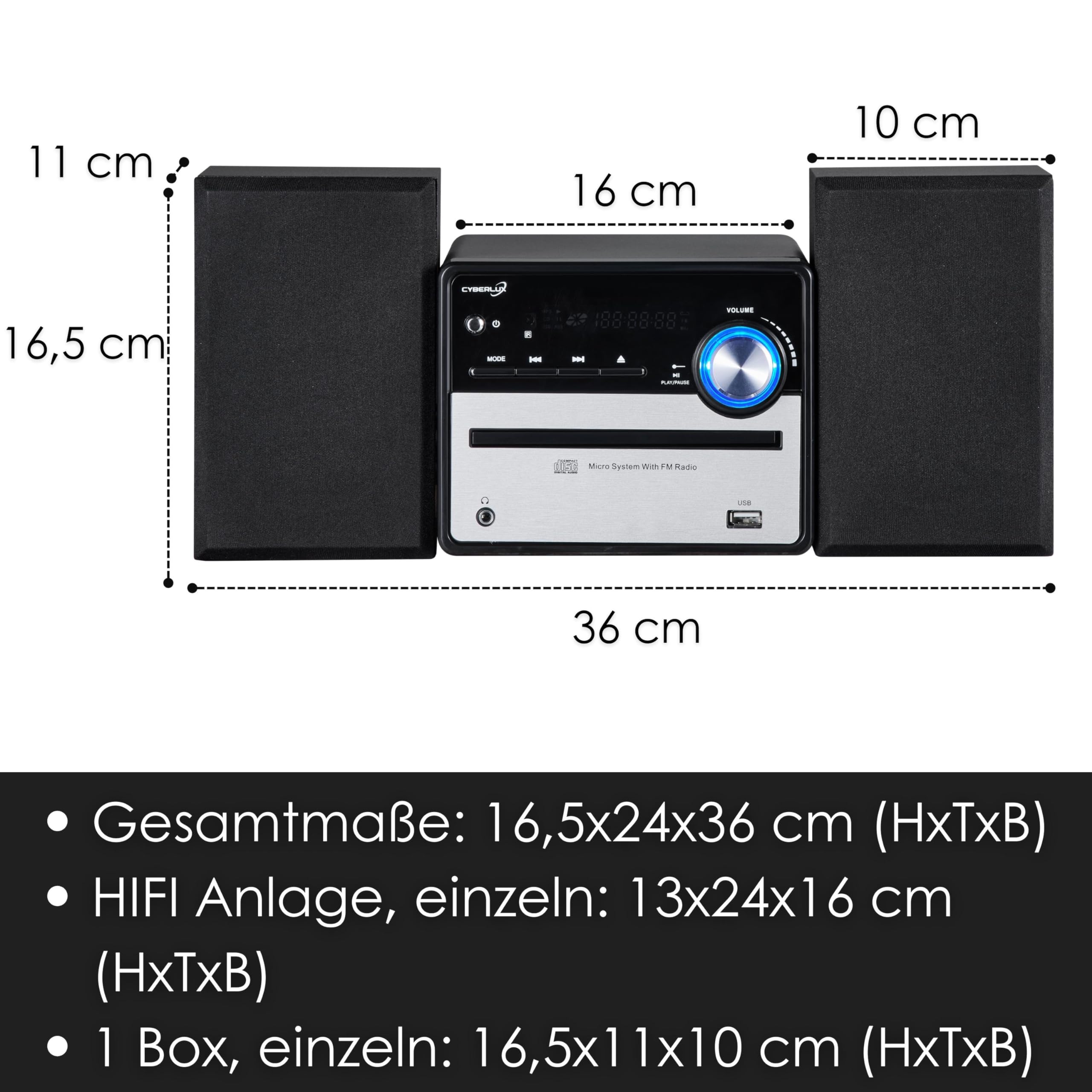 Retro HiFi Musikanlage | Stereoanlage | Kompaktanlage | USB | Line Out | CD/MP3 | FM Radio | 30 Speicherplätze | LED-Display | Mini HiFi Anlage | Stereoanlage mit Boxen |