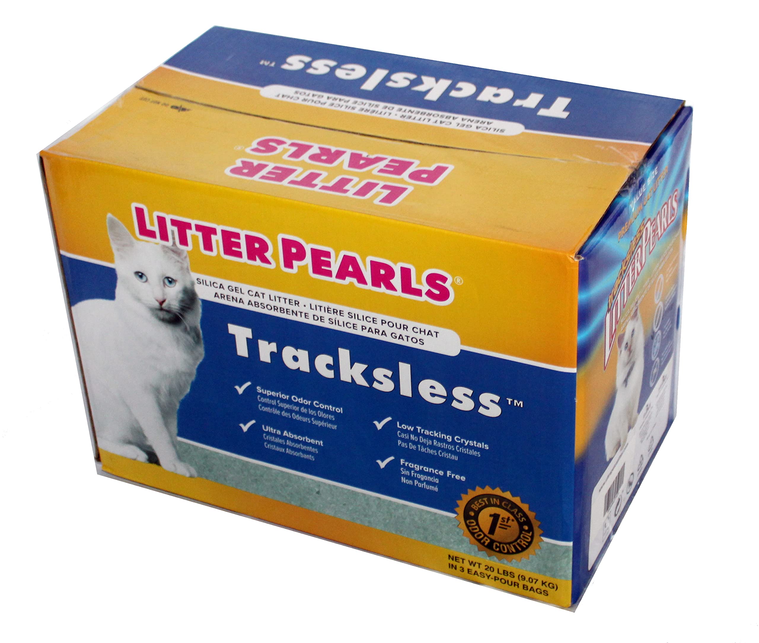 23L - 3x7.7L Litter Pearls Tracksless Unscented Non-Clumping Crystal Cat Litter - 20lbs - 9.07Kg - 3x 3.18Kg Clear and White Silica Gel Crystals