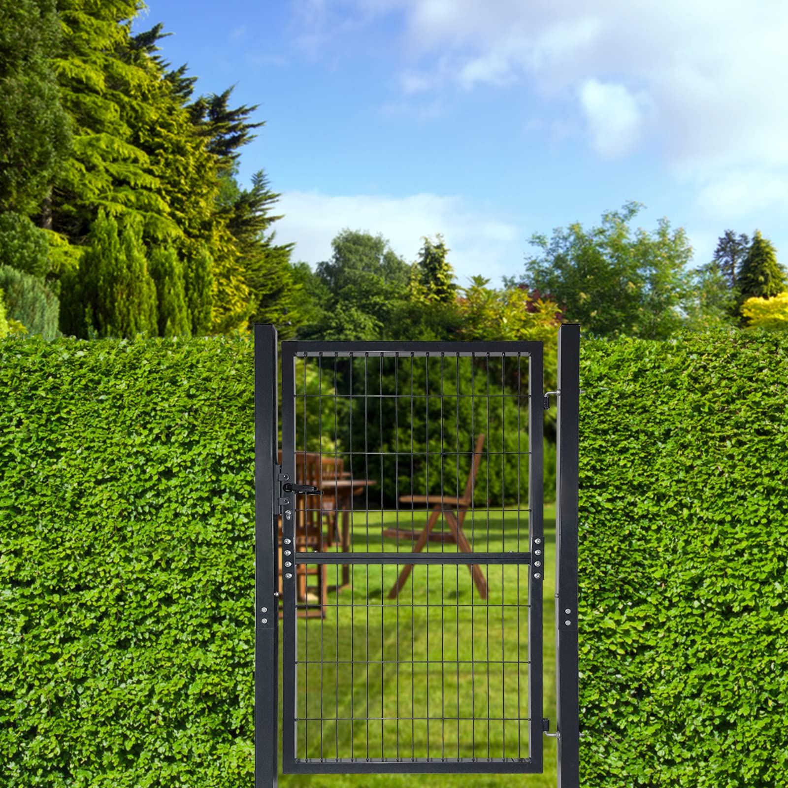YRHome 150 x 100 cm puerta de jardín puerta de jardín puerta de valla puerta de hierro corrugado antracita puerta abatible de jardín que incluye manija de puerta de cerradura y llaves