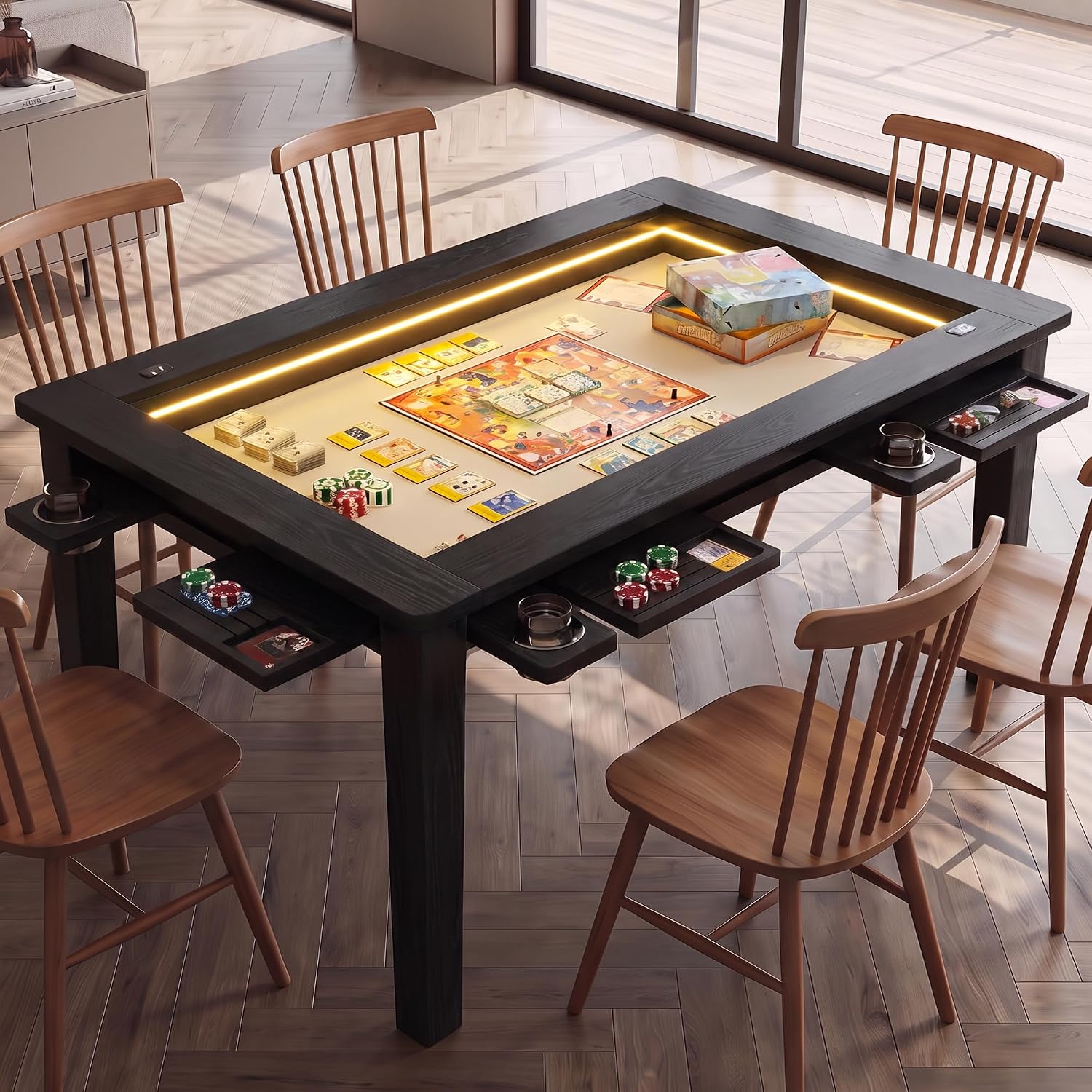 Board Game Table with Led Lights, 63" Dining/Gaming Table for 4-6 Players