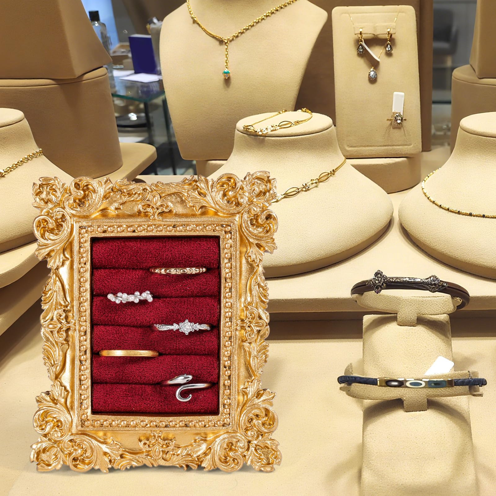 Mikovivi Vintage Ring Display Stand, Baroque Ring Holder Earring Display Tray Jewelry Organizer Birthday Engagement Wedding Decoration for Women (): Wine Red