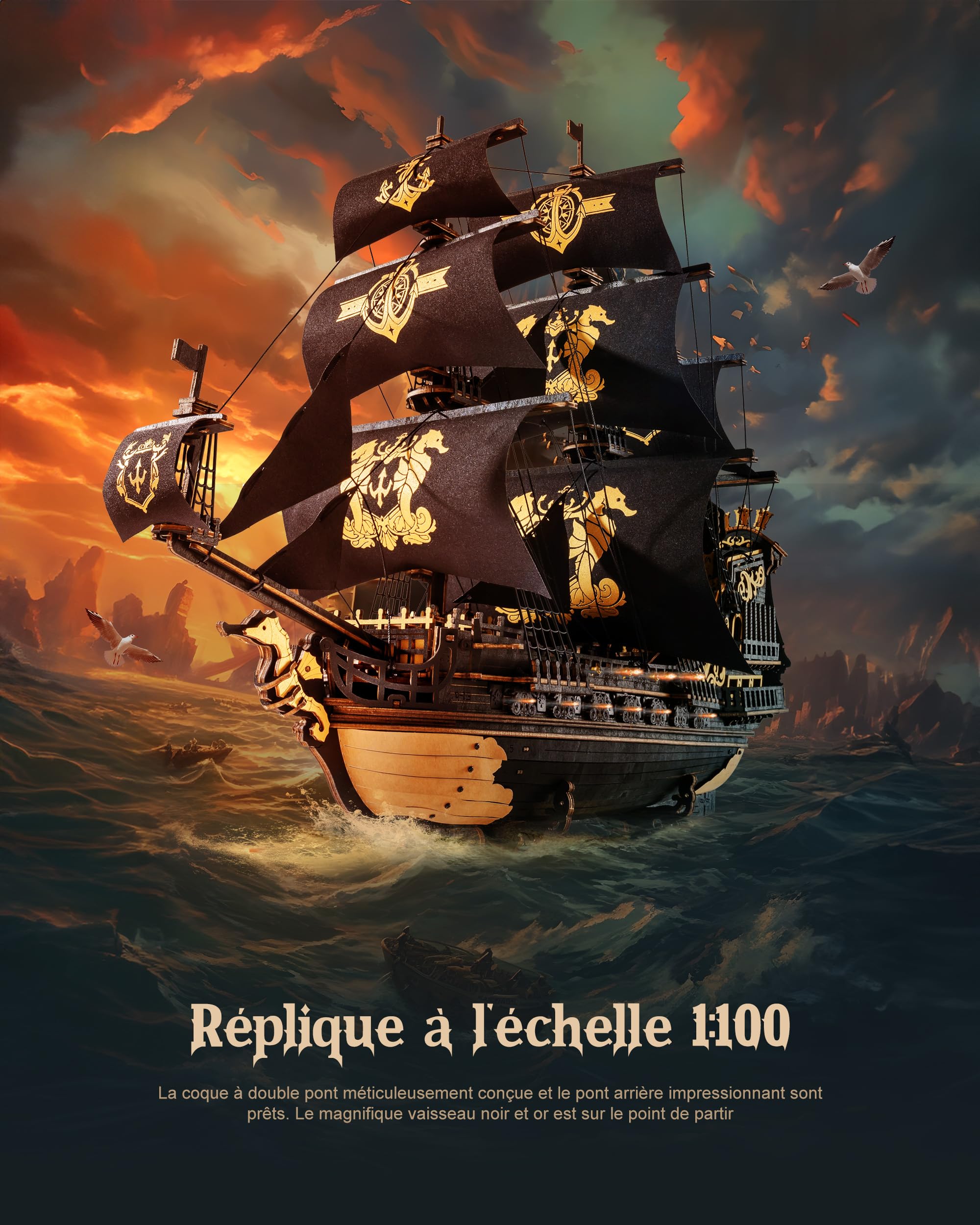 ROBOTIME Puzzle 3D Bois Voilier, Maquette Bateau en Bois a Construire, Mécanique DIY Construction de Bateaux, Puzzle Modèle pour Adulte Enfant, Echelle 1:100 Seahorse Barque MCB02