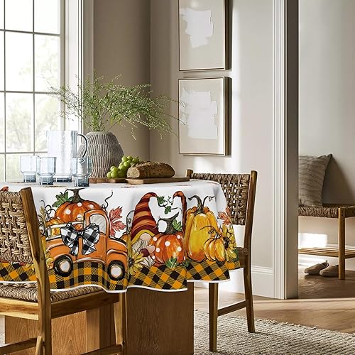 Miniatura 3 de Horaldaily Mantel redondo de otoño de 70 x 70 pulgadas, diseño de cosecha de otoño de Acción de Gracias, naranja, camión, gnomo, calabaza, búfalo, a