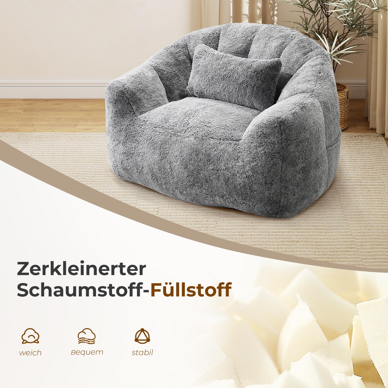 Sitzsack für Erwachsene, Flauschiger Loungesessel aus Kunstfell mit Kissen, Belastbarkeit bis 160 kg, Vakuumverpackt & ohne Montage, für Wohnzimmer, Schlafzimmer, Balkon, Grau