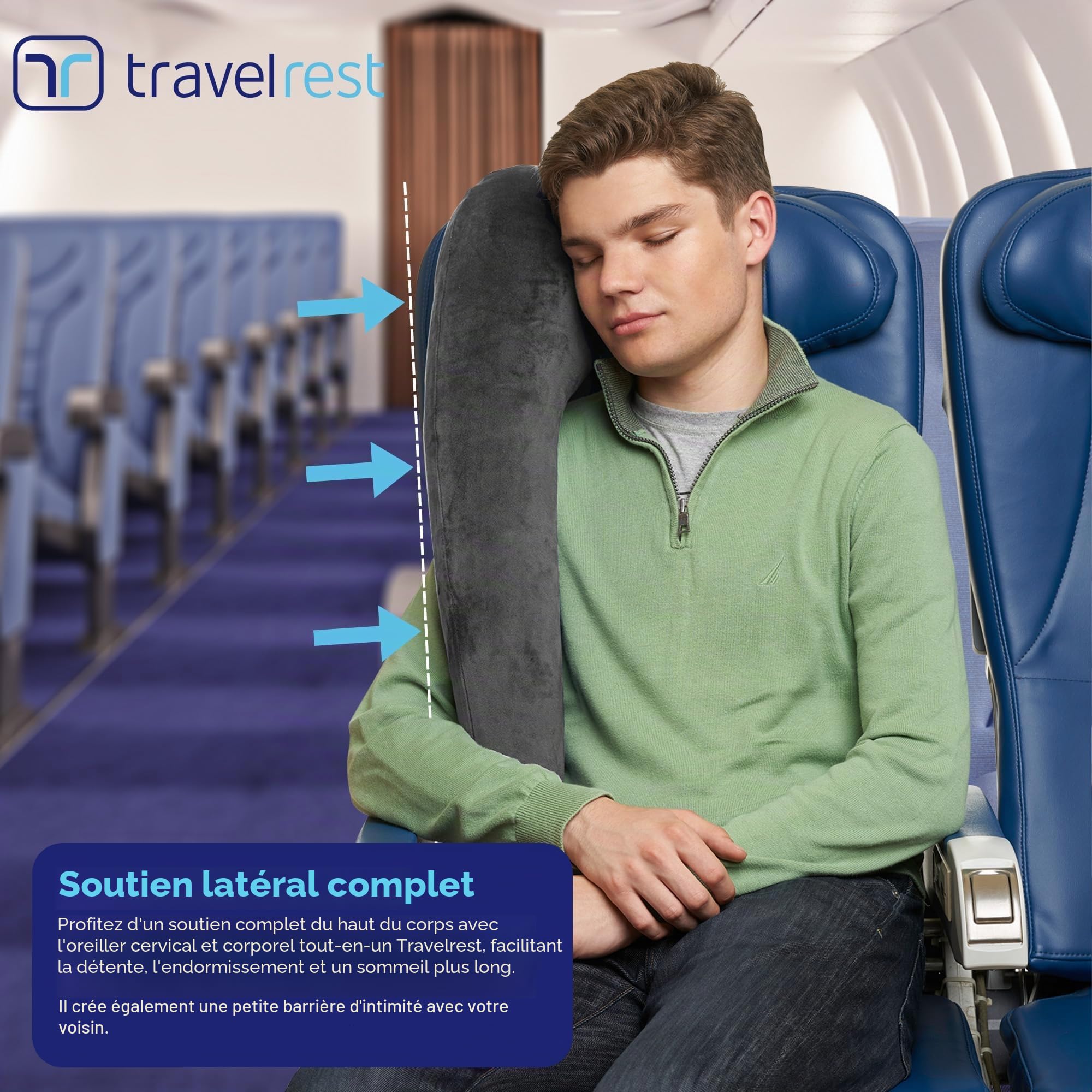 TRAVELREST All-in-One Coussin de Voyage Gonflable Pliable Lavable avec Ceinture – Soutient la Tete et Le Nuque pour Voyager en Avion, Train, Bus – Design Ergonomique Innovant