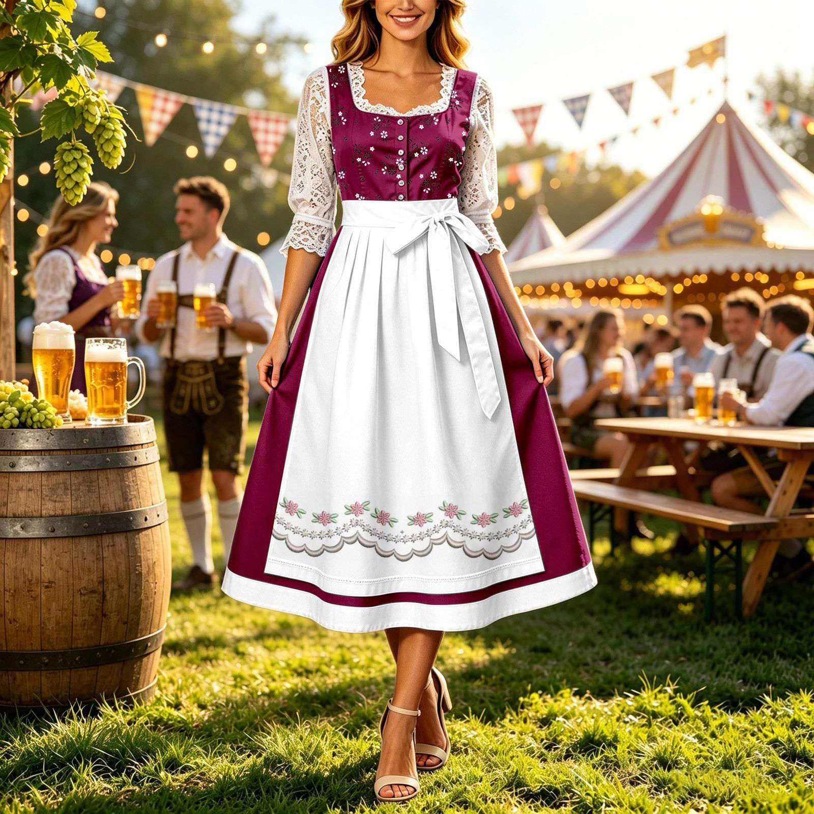 Abito Lungo da birreria dell'Oktoberfest con Stampa Floreale Francese, Vita Impero e Fiocco in Vita, Stile Corsetto.