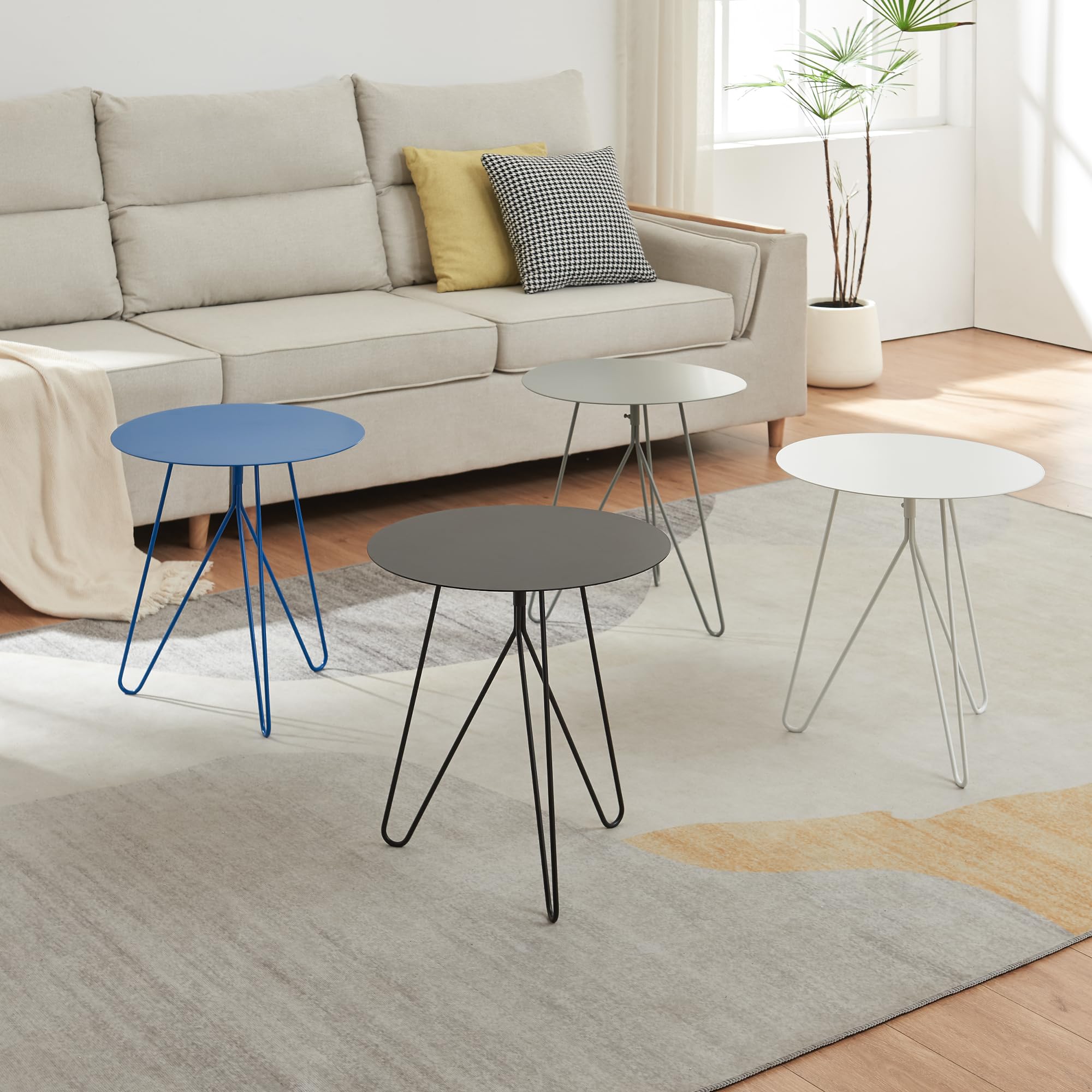[en.casa] Tavolino Laterale con Gambe a Forcina Hairpin Tavolino da Caffè a Piano Rotondo 45 x Ø43 cm in Metallo per Soggiorno Salotto Camera da Letto - Blu Opaco