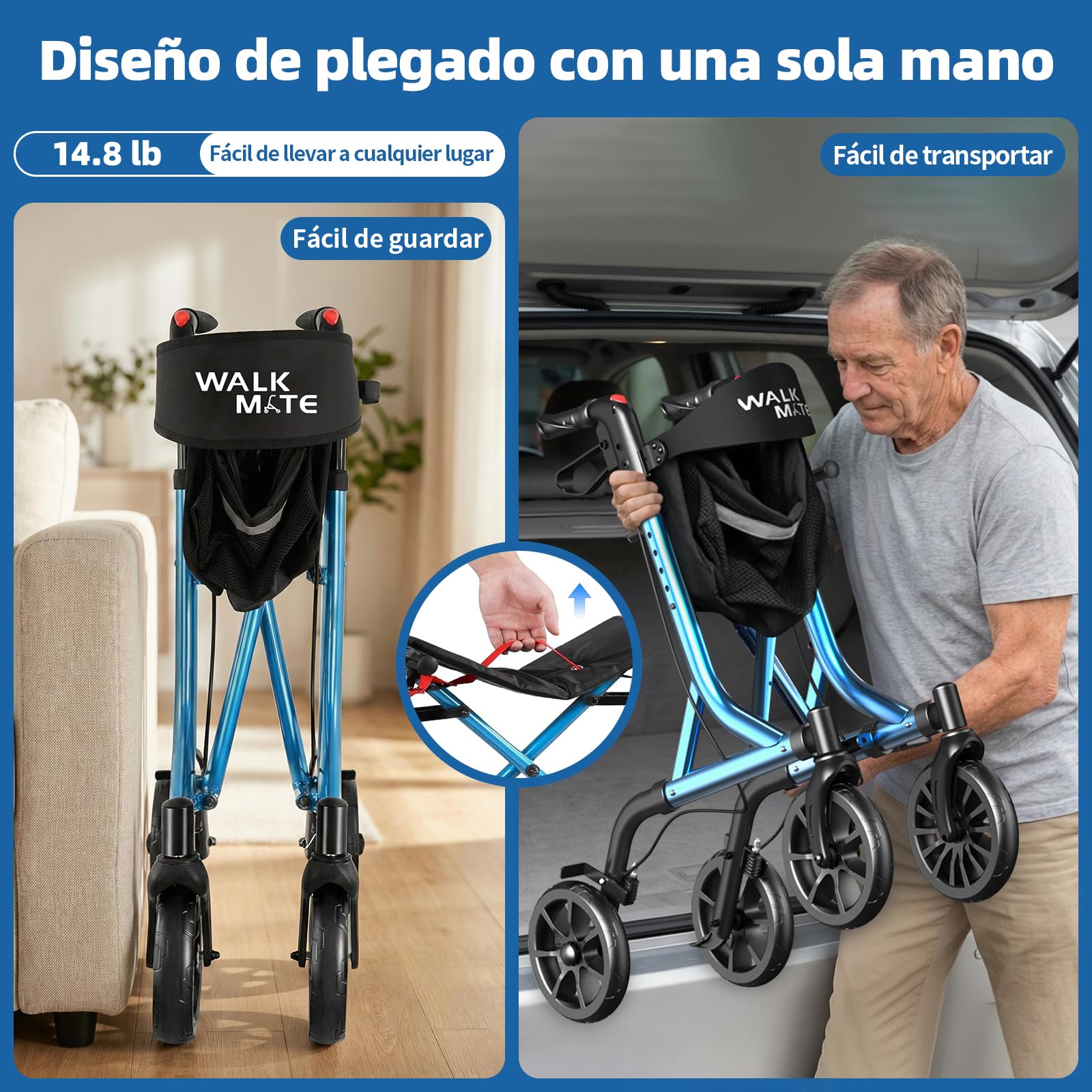 WALK MATE Andador para Ancianos Plegable y Ligero con Asiento - Altura Ajustable, Aluminio, Portavasos, Andador Delgado para Interior y Exterior, 6,7kg