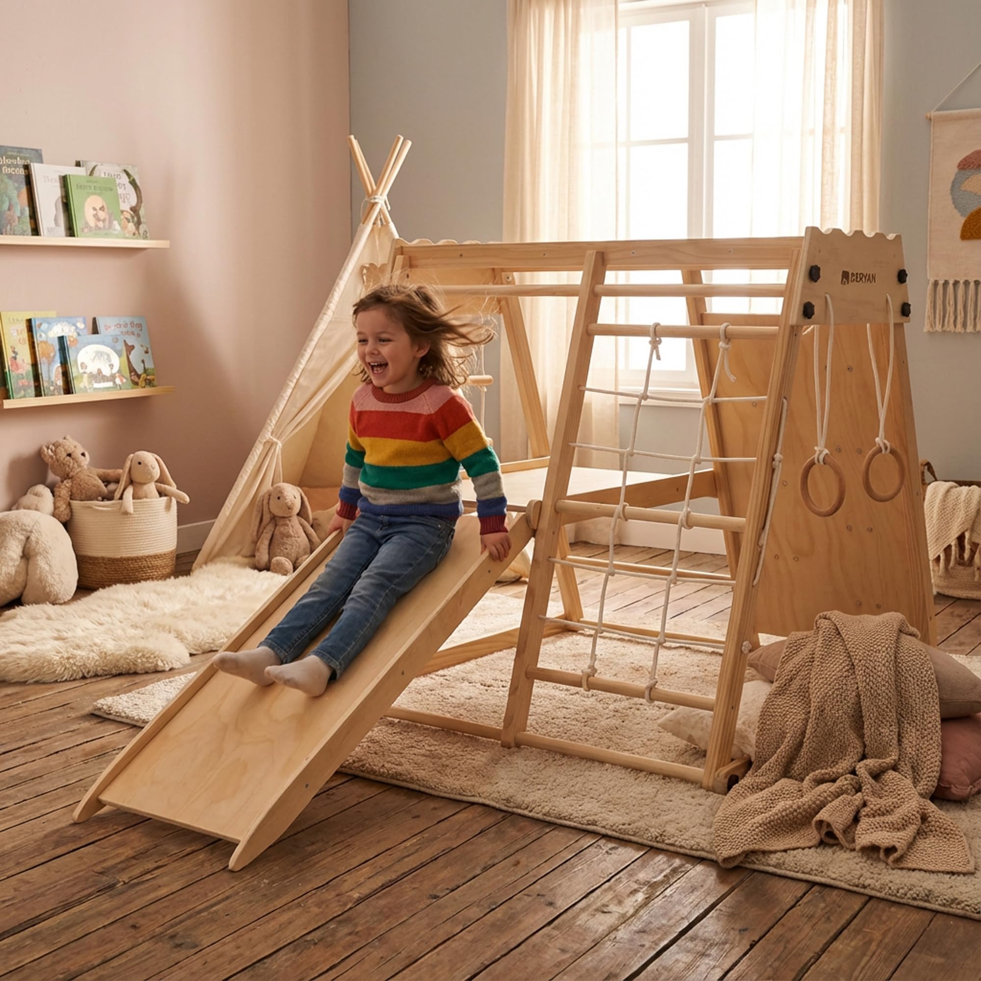 Deryan Klettergerüst für Kinder - Indoor Spielplatz mit Rutsche, Kletterwand, Kletternetz & Turnringe - Holz Kletterturm klappbar - Natur