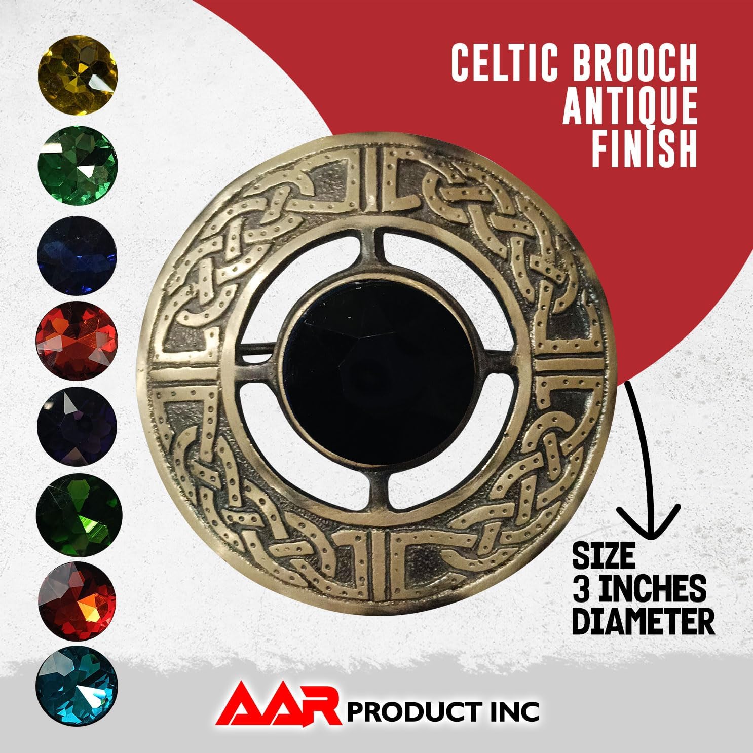 AAR Men's Kilt Brooch Pin Stones Scottish Fly Plaid Celtic Antique Plated Norse Vintage Jewelry (Black) - Image 3