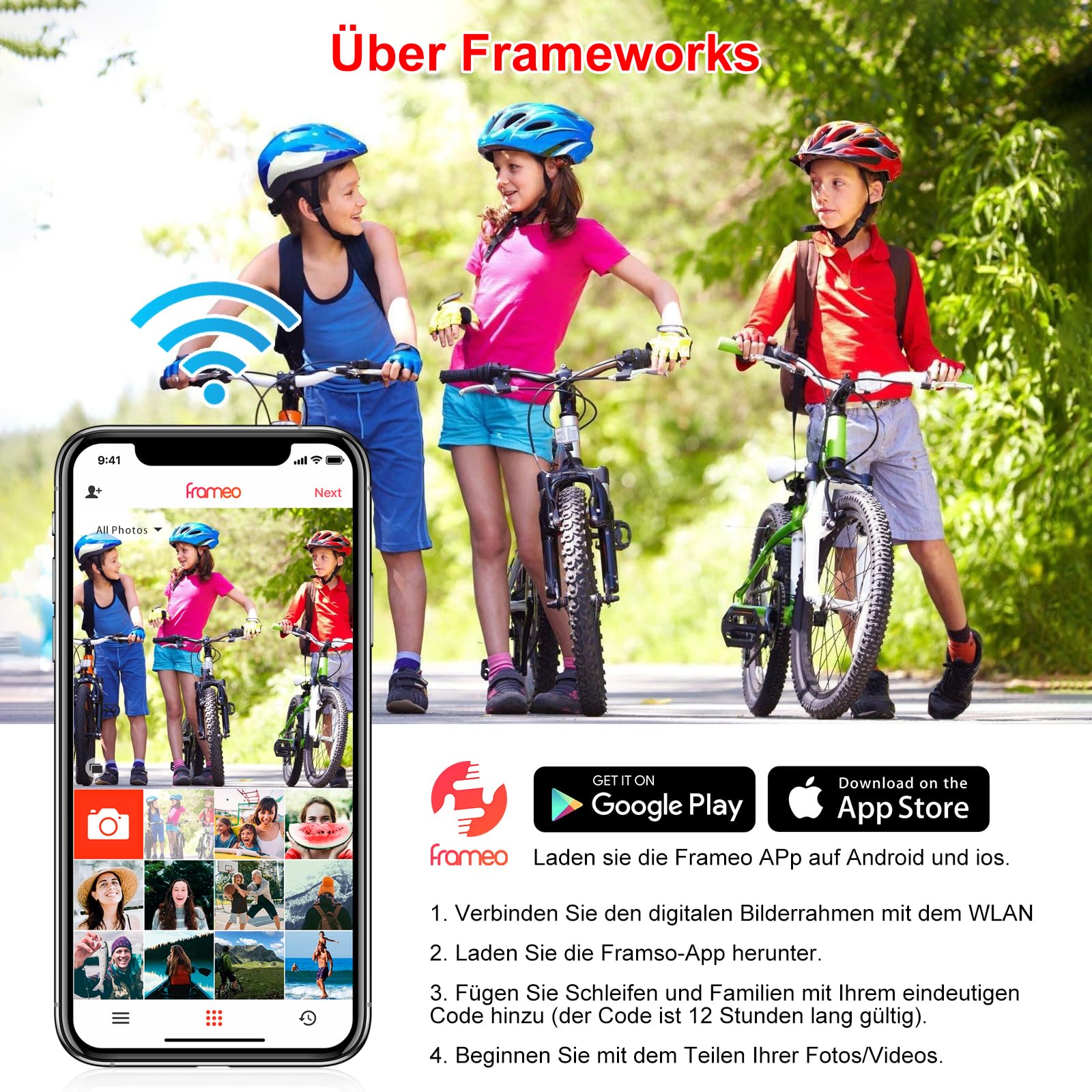 FRAMEO 10,1 Zoll Digitaler Bilderrahmen WLAN, 1280x800 HD IPS LCD Touchscreen Smart Cloud-Fotorahmen mit 16GB Speicher, Auto Drehung, Einfache Weitergabe von Fotos Videos über Frameo App