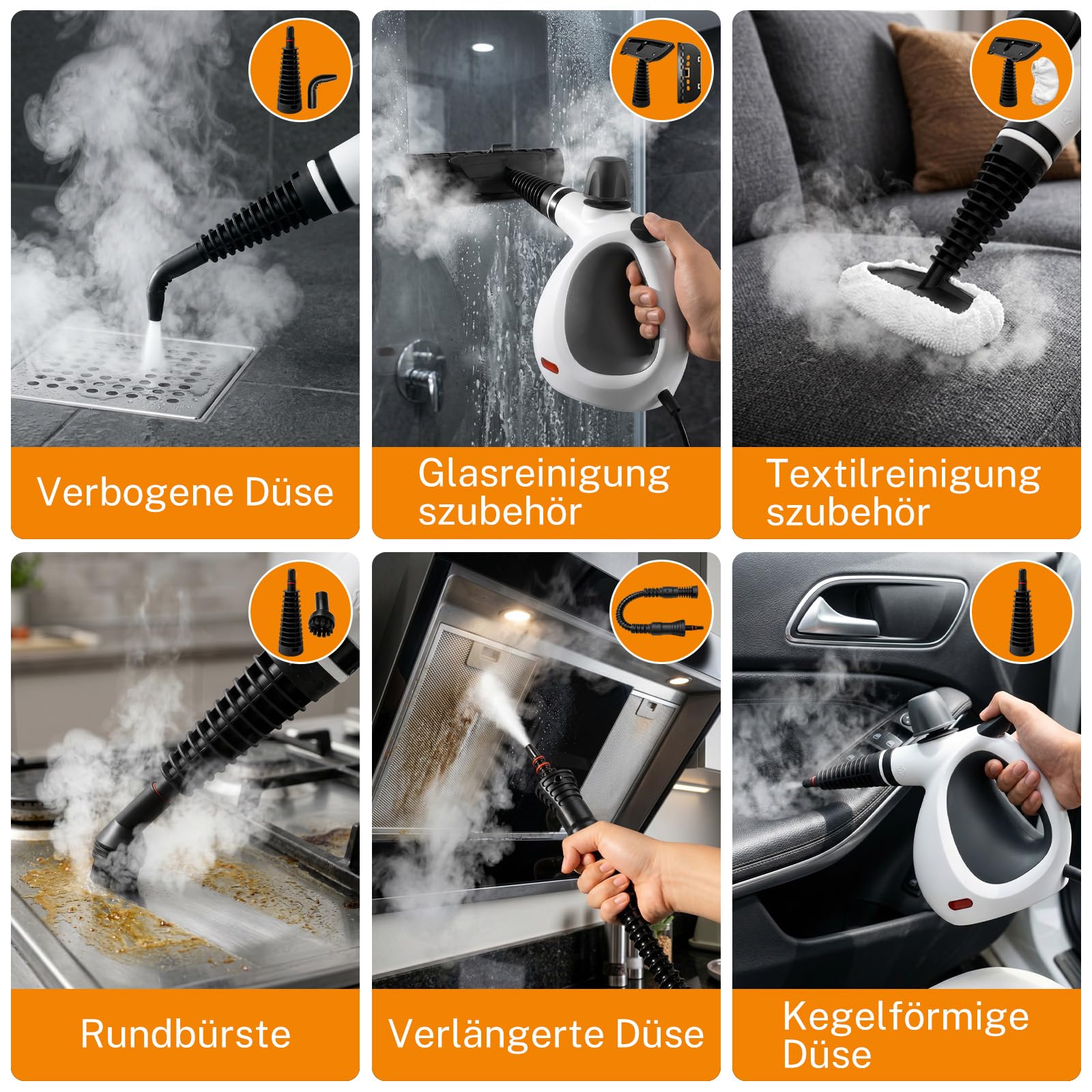 Dampfreiniger Handgerät mit 15 Zubehörteilen, Handdampfreiniger für das Haus Mehrzweck，1050W，350ml Tank Handdampfreiniger，Dampfreiniger für Alles Polstermöbel Auto Fenster Fliesen Teppich(Weiß)