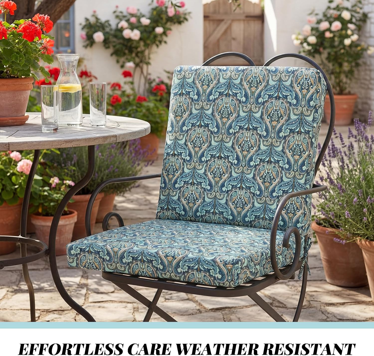 Patelai 2 Set 42x21x3 Inch Outdoor Patio Chair Cushions for Dining/Rocking Chairs High Back Soft Seat Pad with Ties Waterproof Fade Resistant for Indoor Outside Furniture (Vibrant,Paisley Blue Floral)