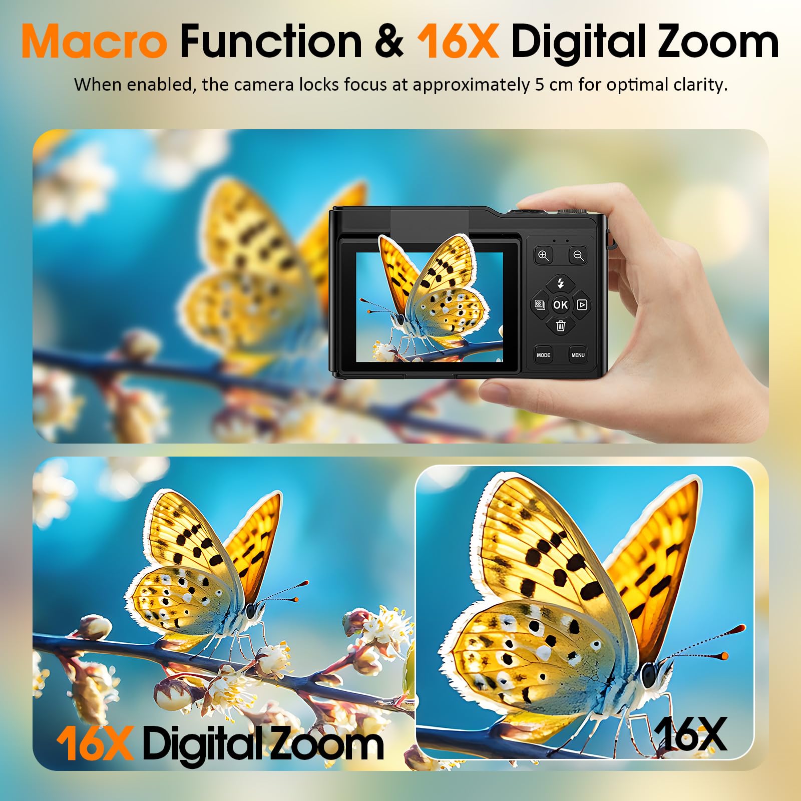 Digitalkamera, 4K 64 MP Kompakt-Digitalkamera mit Autofokus und Makrofunktion, 180°-Klappbildschirm, tragbare Selfie-Kamera für Fotos und Videos mit 32 GB SD-Karte für Anfänger und Jugendliche