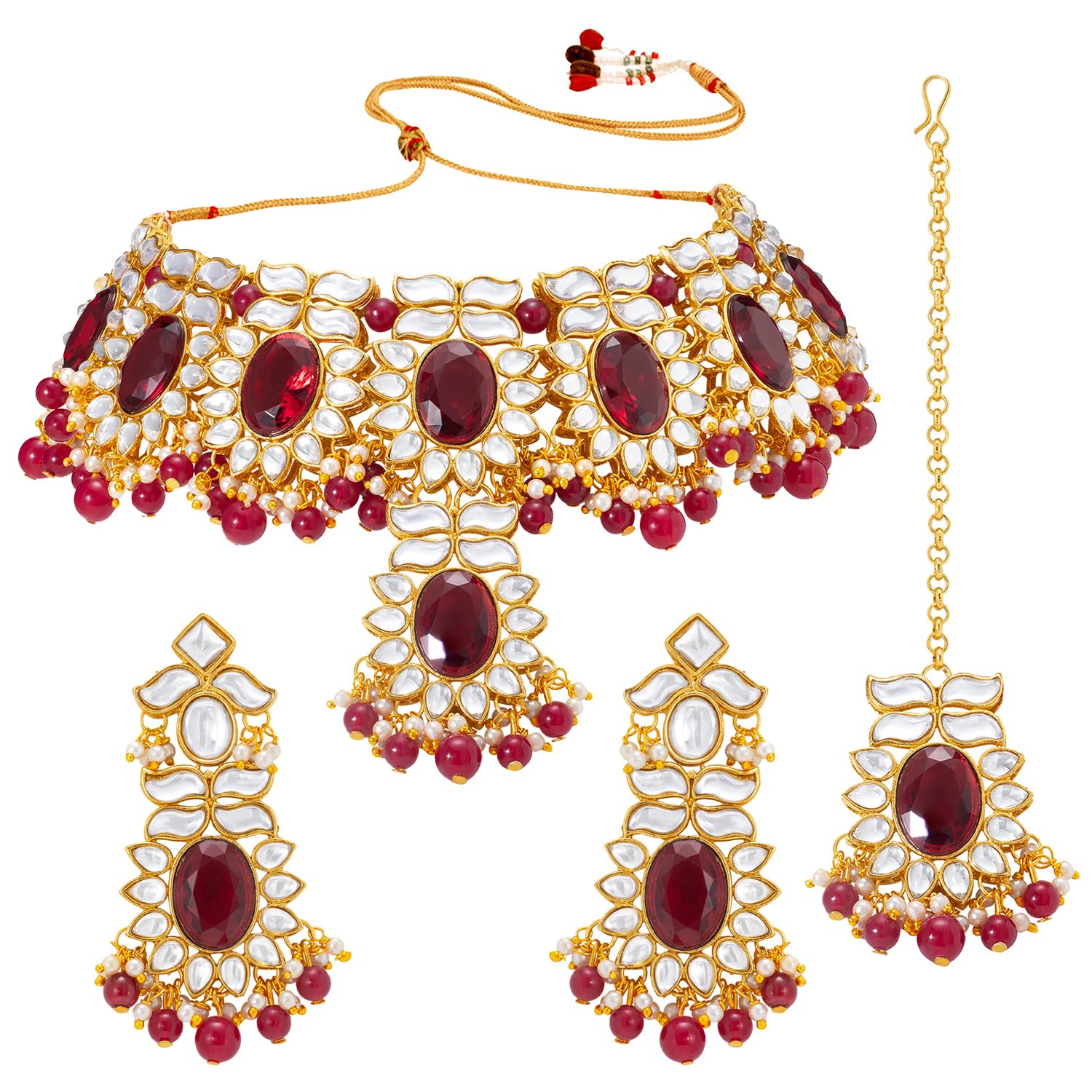 Peora Gold Plated Kundan Crystal Maroon Choker Necklace Earring Maang Tikka Jewellery Set for Women (B09F6X6LMF) Amazon Price History, Amazon Price Tracker