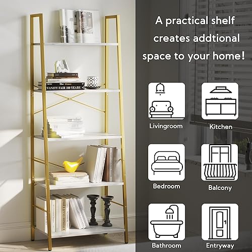Miniatura 5 de Yusong Bookshelf, Ladder Shelf 5-Tier Bookcase for Bedroom, Industrial Book Shelves Storage Rack with Metal Frame for Home Office, Gold