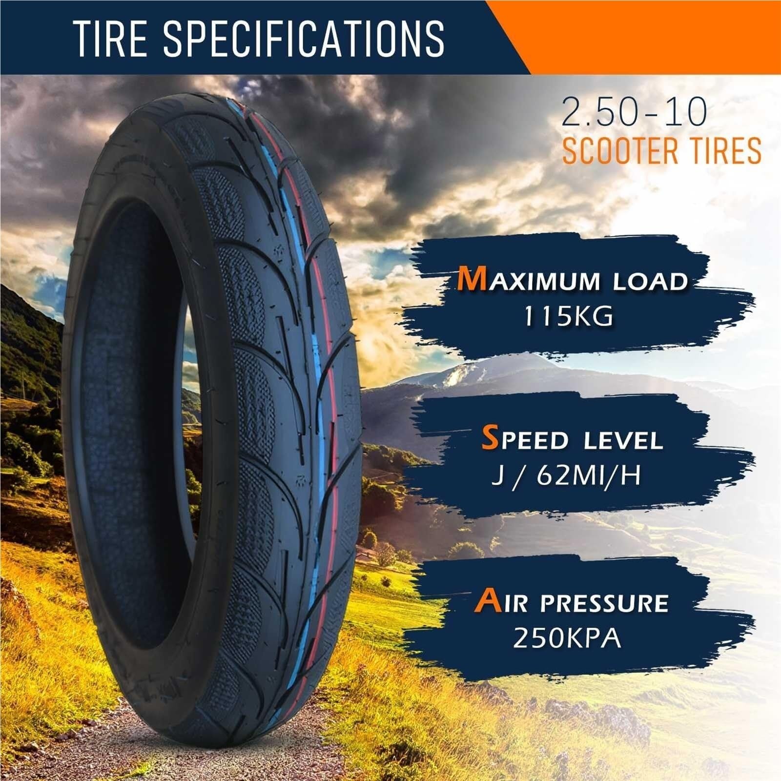 2PCS 2.50-10 Neumático Tubeless 4PR, Resistente a Pinchazos y Desgaste, con Banda de Rodadura Acanalada for Scooter y Motocicleta, Delantera/Trasera, ideal for Ciudad