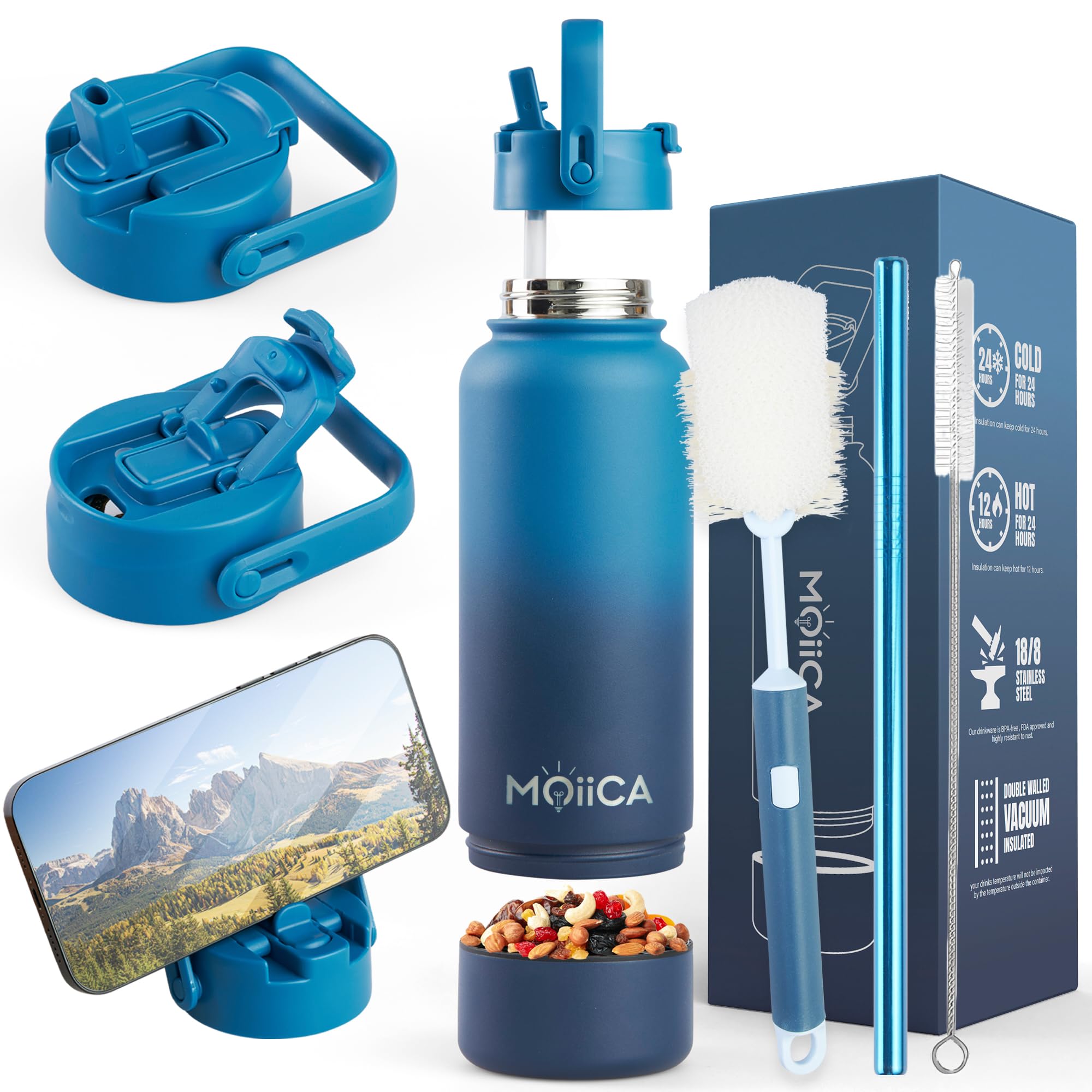 Botella Agua Acero Inoxidable 1 Litro-Base Desenroscable-Termo Café,Té,Mate -Caliente 12hy24h Fría-Botella Gimnasio,Oficina-Kit de Limpieza
