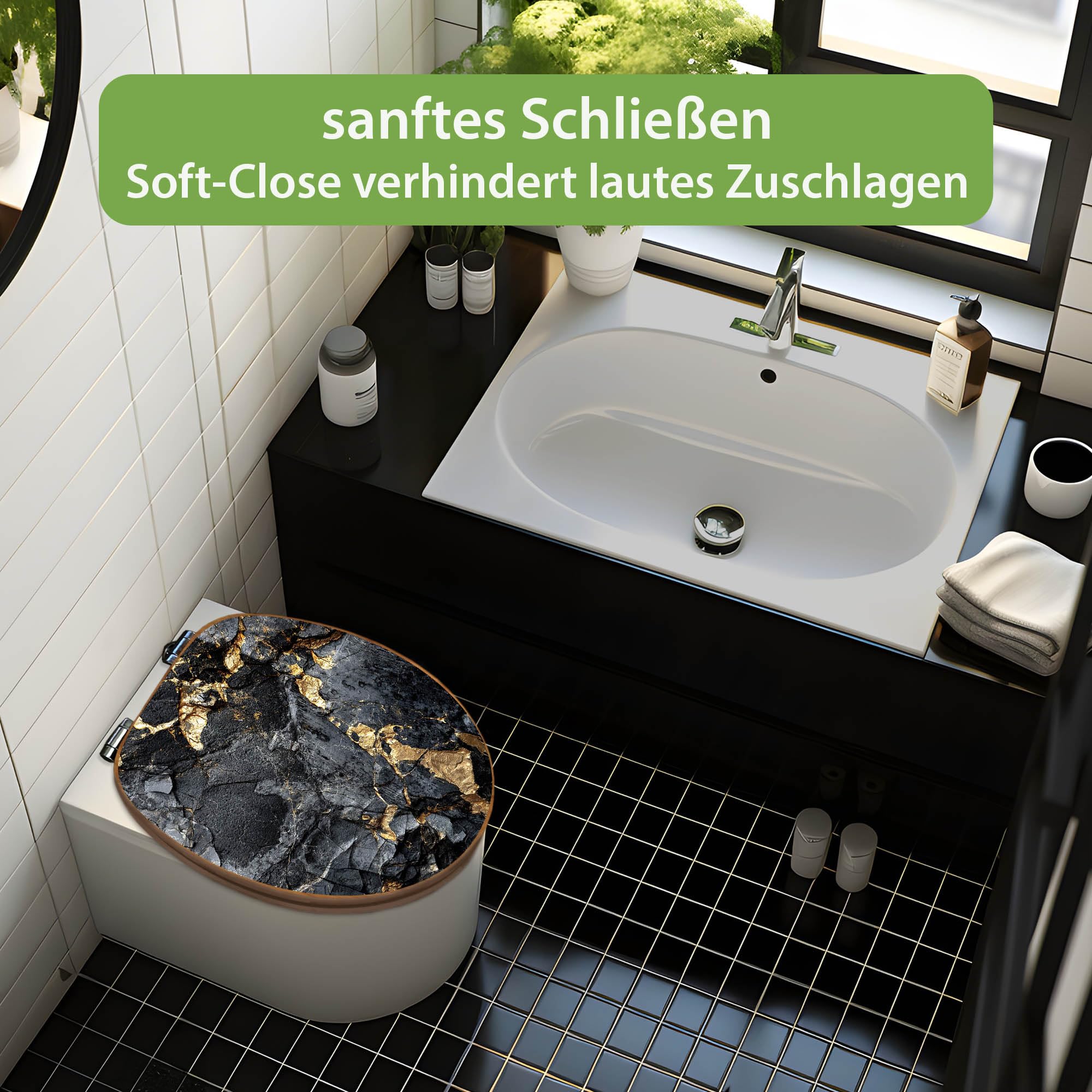 banjado Design WC Sitz Bambus Absenkautomatik 45,8x37,5cm - Toilettendeckel mit Absenkautomatik Holz - hochwertiger Bambus Klodeckel - WC-Sitz für gängigen Toiletten - Motiv Schwarzer Marmor mit Gold