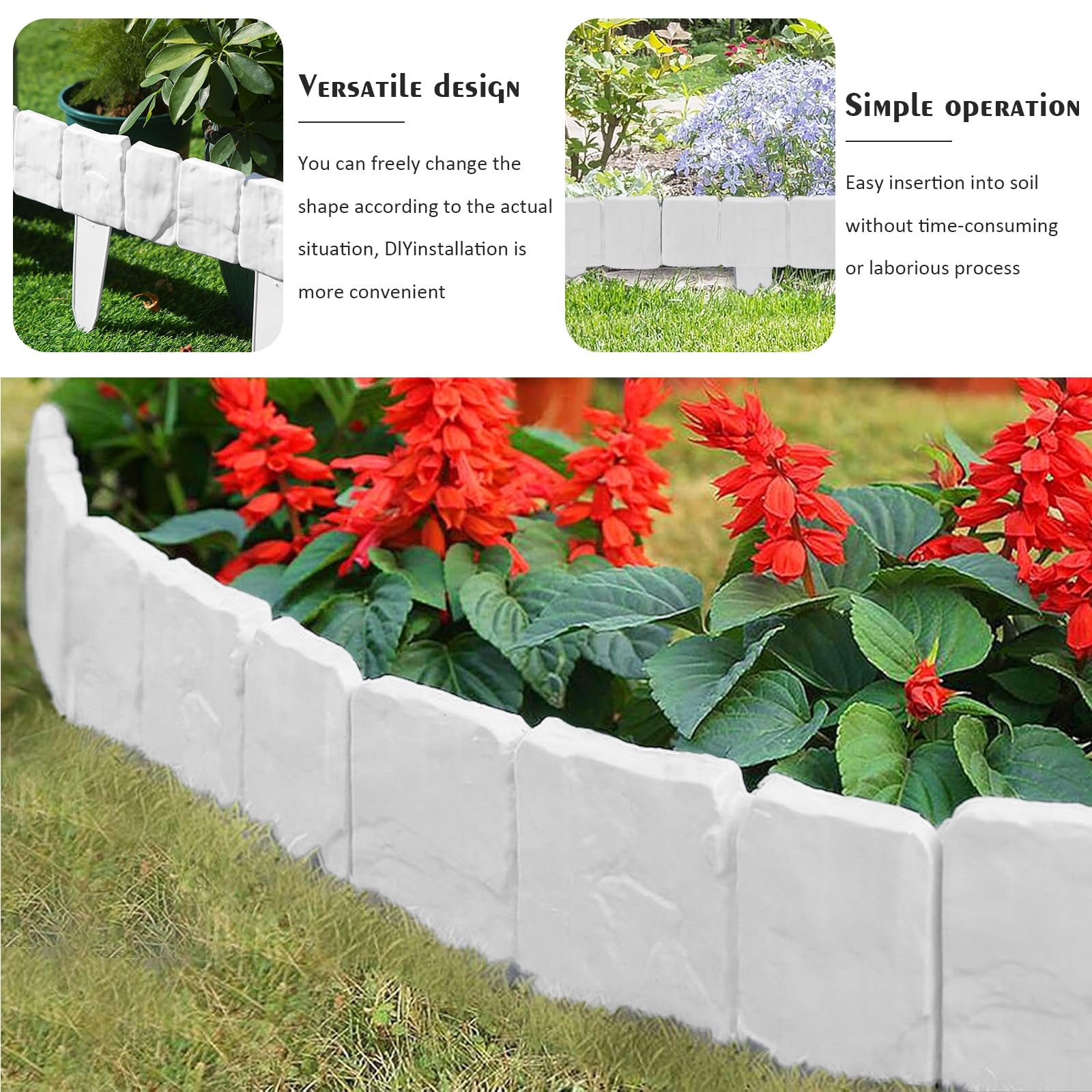 Rasenkante Kunstoff, 15m Flexibler Steinoptik Beeteinfassung, 60 Stücke PP Beetumrandungen Mähkante, Rasenkanten Steinoptik Palisade für Blumen Gartenzaun Decorativ, L 25 x H 23 cm - Weiß
