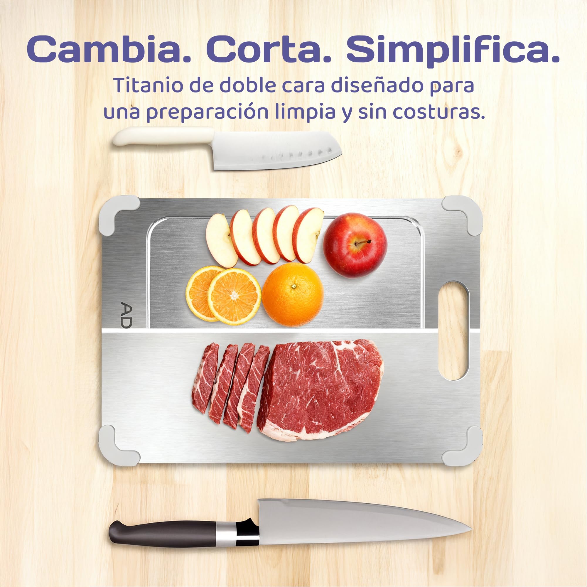 adivo tabla de cortar 100% titanio puro, doble cara, ultrafina y ligera, antibacteriana, fácil de limpiar, antioxidante, 39×28×0,15 cm, esquinas de silicona, ideal para camping y exterior