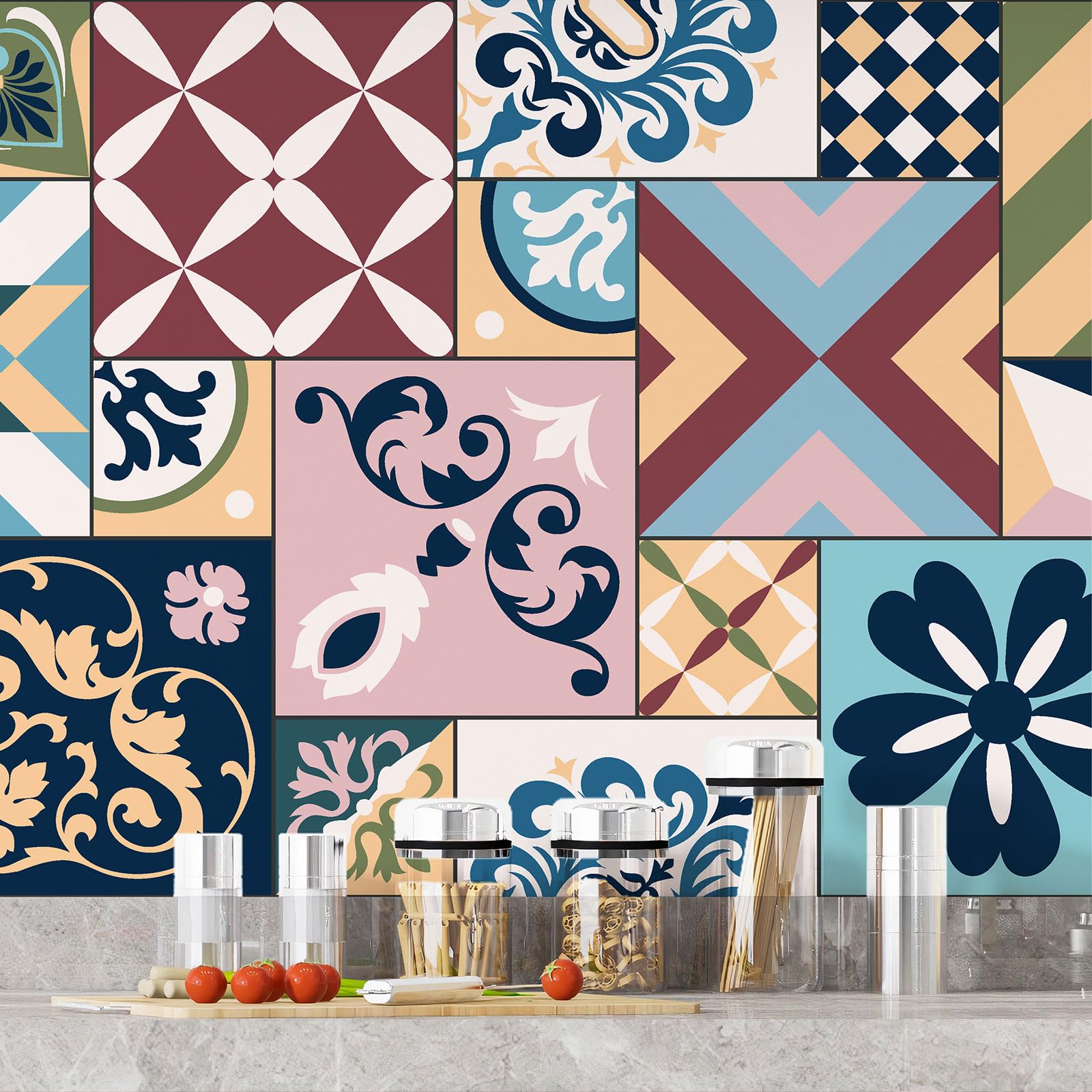 Lumalea Adesivo adesivo per cucina, effetto piastrelle di cemento, 3617682445233, adesivo + protezione opaca, 55 x 165 cm