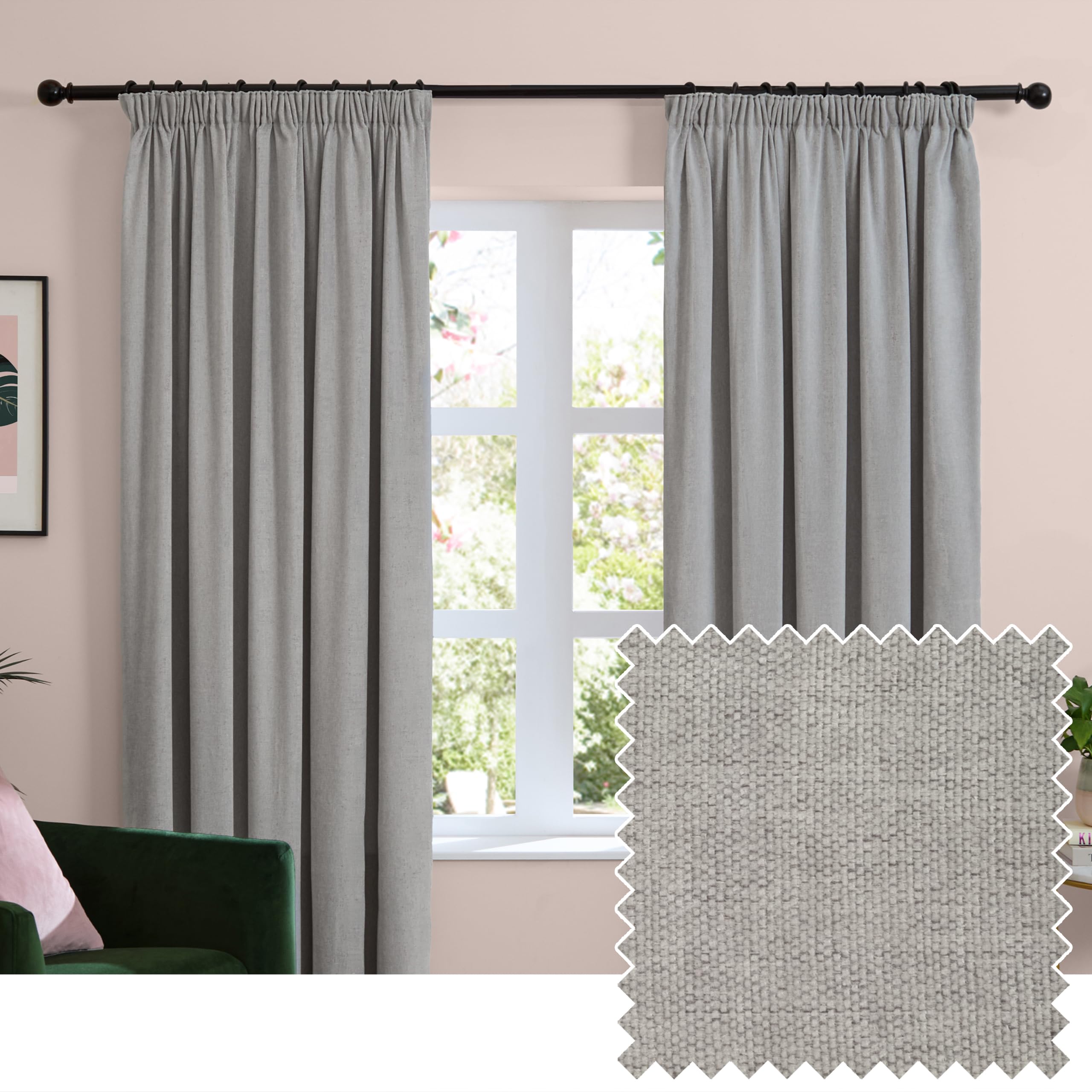 Furn Unisex Silver Soft Chenille Blackout Pencil Pleat Curtain Pair In 168Cm Width X 137Cm Drop
