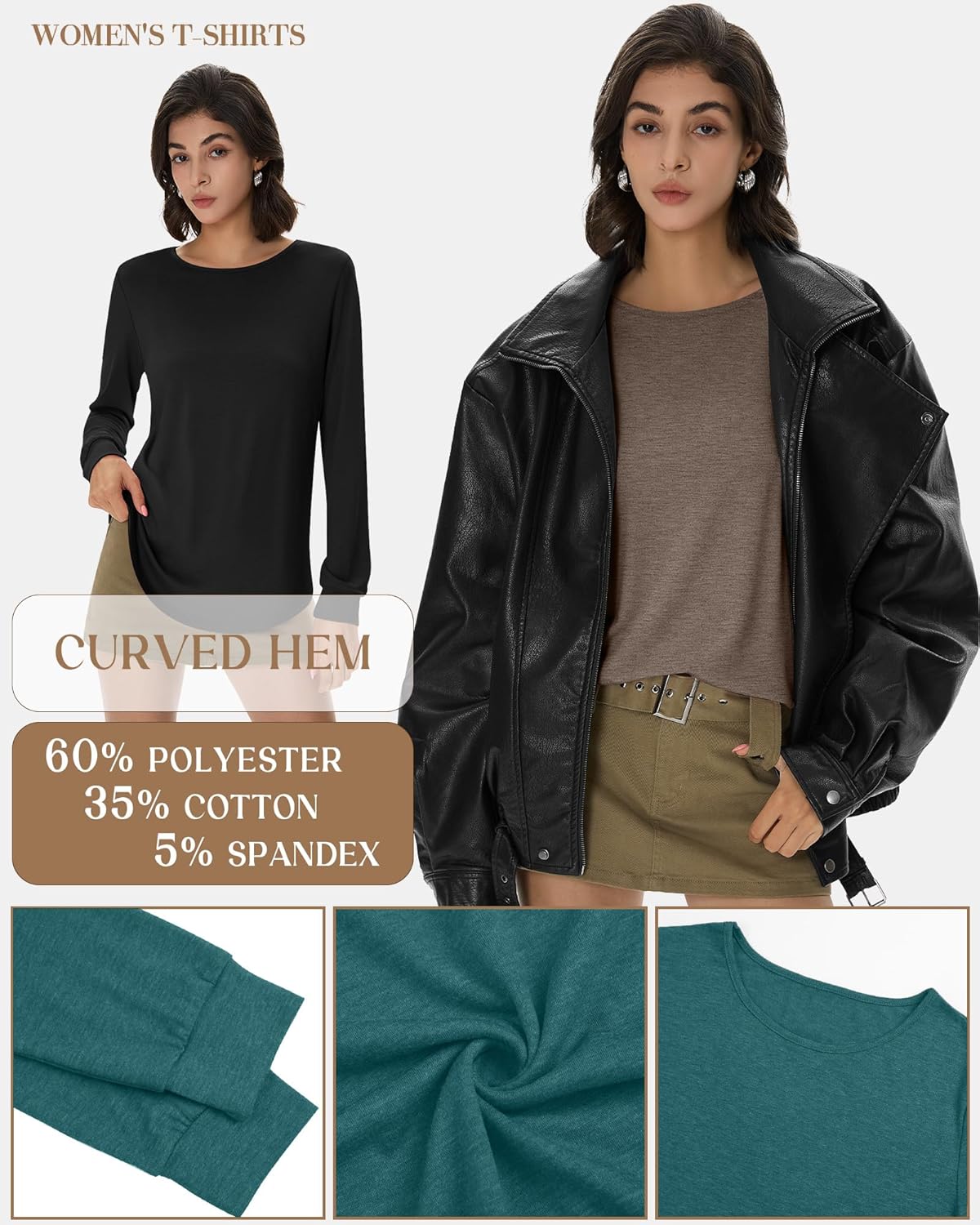 Huukeay 4 Pack Womens Long Sleeve Shirts Loose Fit Tunic Tops Crew Neck Curved Hem Basic Casual Layering Shirts - Image 5