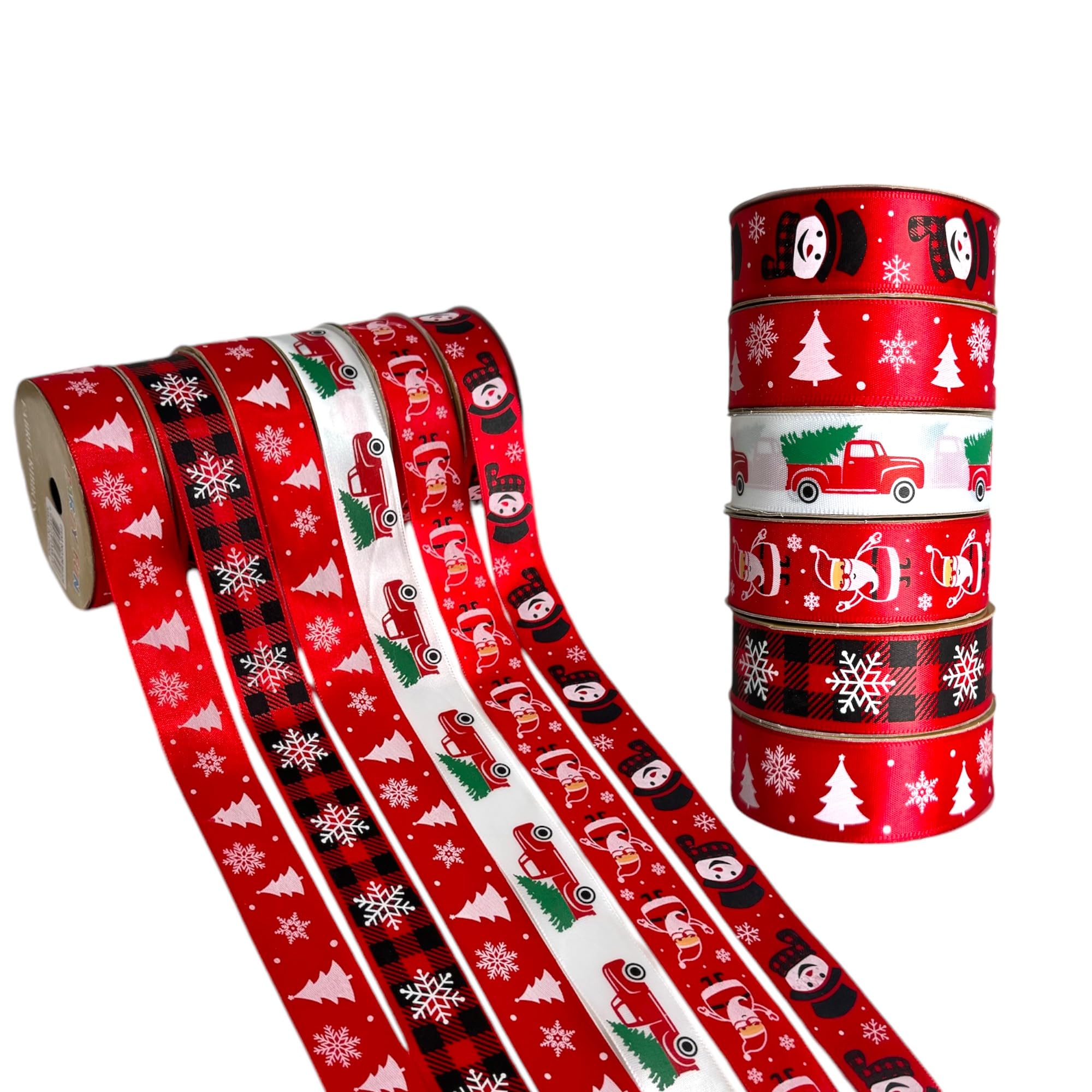 Doodle Kiddo 6 Piece Christmas Ribbons for Gift Wrapping & Tree Decorations – Snowman Santa Claus Truck Snowflakes Tree Theme Christmas Gift Wrap Ribbons - Xmas Presents Wrapping Ribbons