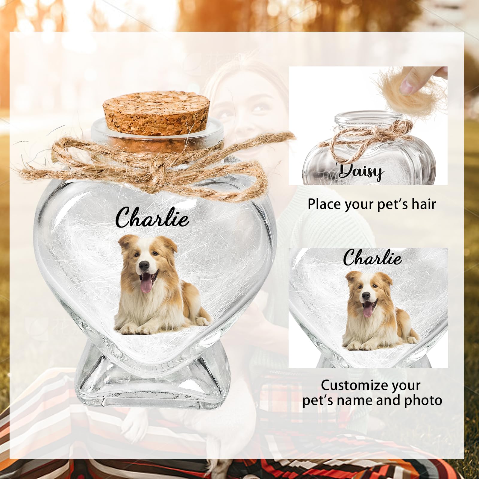 Barattolo di Vetro a Forma di Cuore Personalizzato per Animali Domestici, con Foto e Nome Personalizzabili. può Contenere Ceneri o Pelo. Regalo commemorativo per Animali Domestici (Heart)