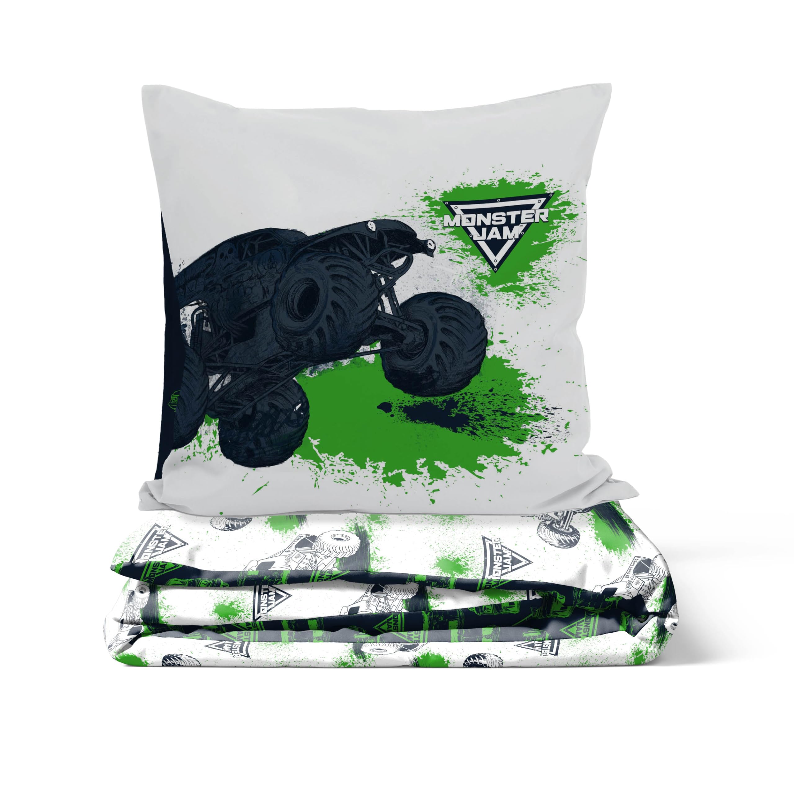 Jay Franco Kids Feld Monster Jam Set copripiumino – Biancheria da letto morbidissima con federa, SOLO COPERTA, piumone non incluso, bianco, 2 pezzi singolo