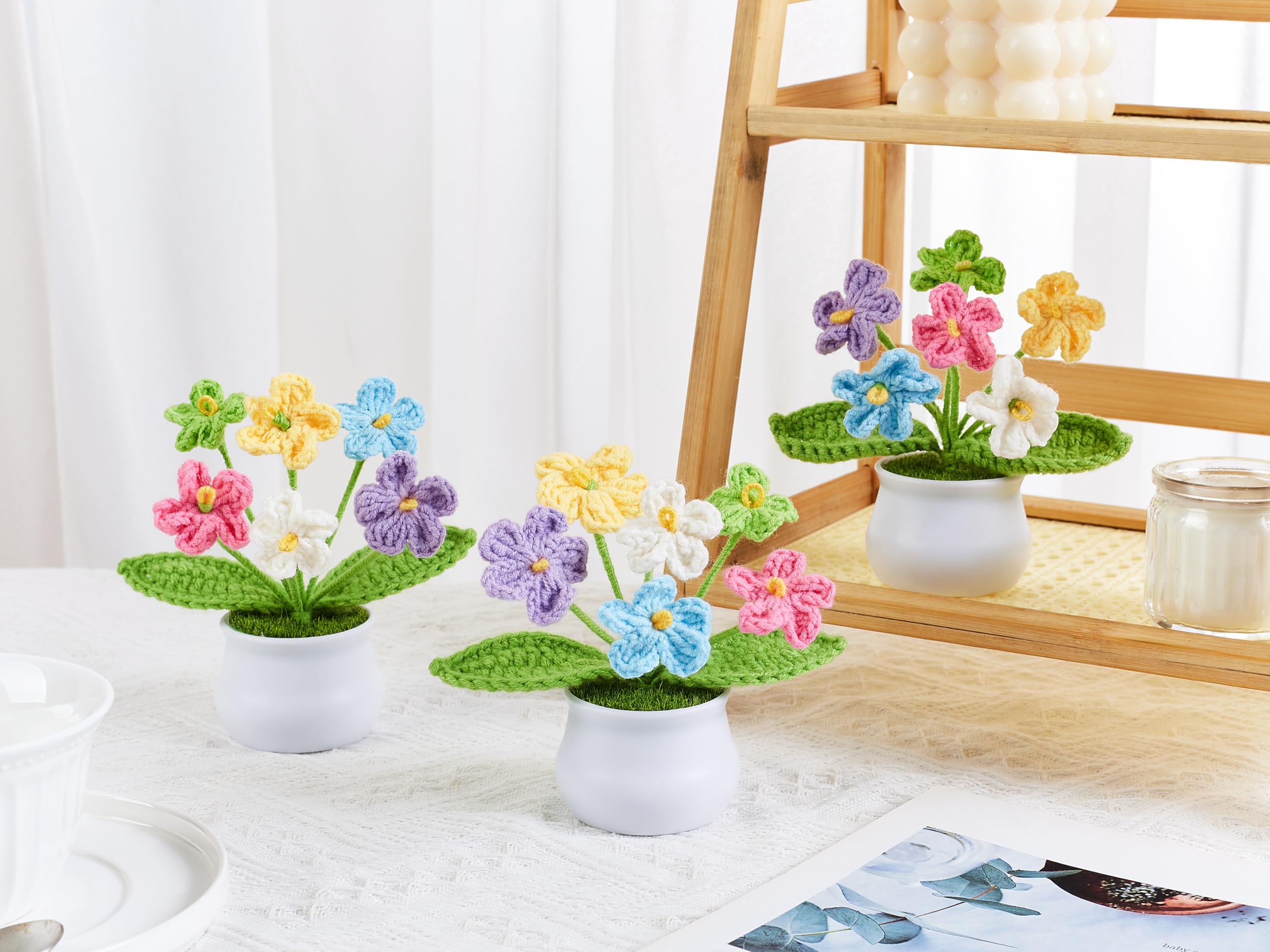 LAIDANLA Crochet Flowers Forget Me Not Potted Plant, Mini Handmade Knitted Flower for Desk, Crochet Flower in Pot, Unique Gifts for Women Teacher Mom Friend, Birthday Graduation