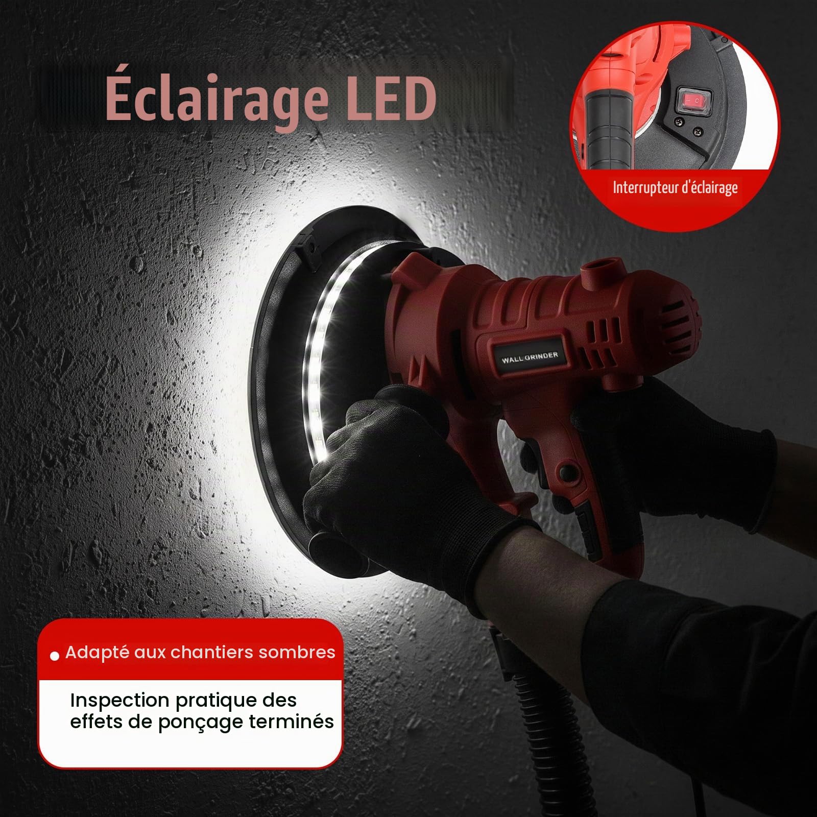Ponceuse de construction sèche, ponceuse murale et plafond 1200 W avec éclairage LED, ponceuse murale pour murs en plâtre, murs en mastic, murs en ciment blanc