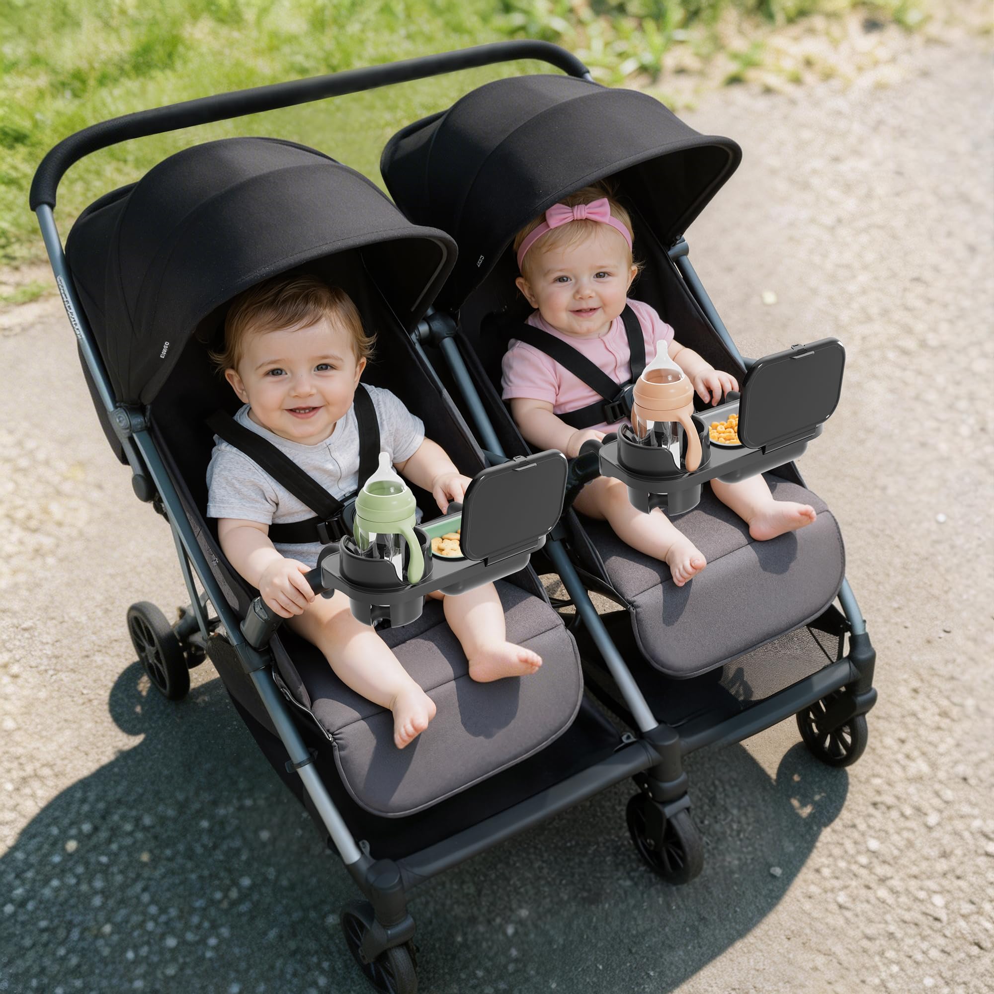 Lot de 2 plateaux de collation universels pour poussette - Compatible avec Nuna Bugaboo - Double plateau avec porte-gobelet - Plateau en silicone amovible pour un nettoyage facile - Pour les