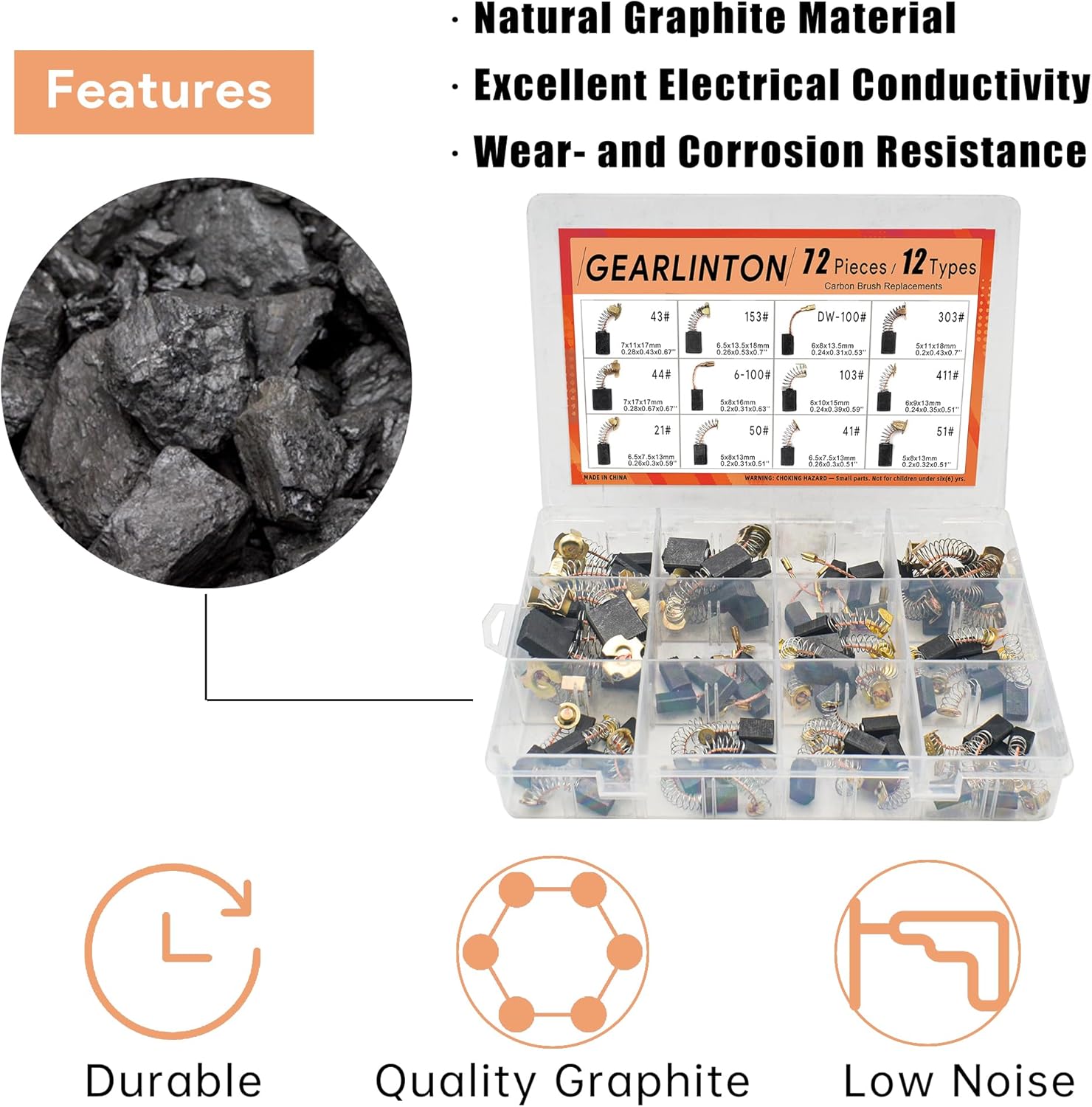 Electric Motor Carbon Brushes for Power Tools Maintenance Repair, Set of 72 PCS in 12 Different Sizes for Angle Grinders, Circular Saws, Electric Hammer Drills