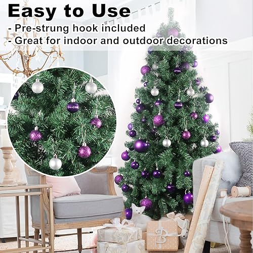 Vista 479 de 18 esferas medianas decorativas navideñas para árbol de Navidad, inastillables, para colgar, color púrpura, 2.5 pulgadas, paquete de 18