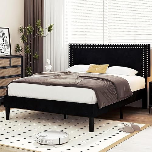 Miniatura 349 de VECELO Base de cama de tamaño matrimonial con cabecera tapizada ajustable, plataforma de listones de madera, diseño sin ruido, fácil montaje Negro