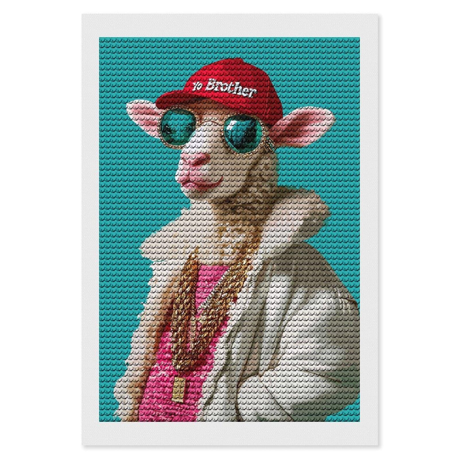 Junmoney Hipster Sheep Diamond Painting Set 8"x12", Modern Decor, for Beginners, Printed Canvas, Thoughtful Handmade Gift, with Tool Kit