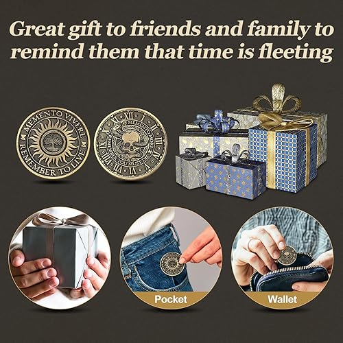 Miniatura 5 de Misdary 10 piezas de moneda Memento Mori Memento Vivere Recordatorio Token Metal Skull Challenge Medallón de moneda estoicismo, regalo de desafío