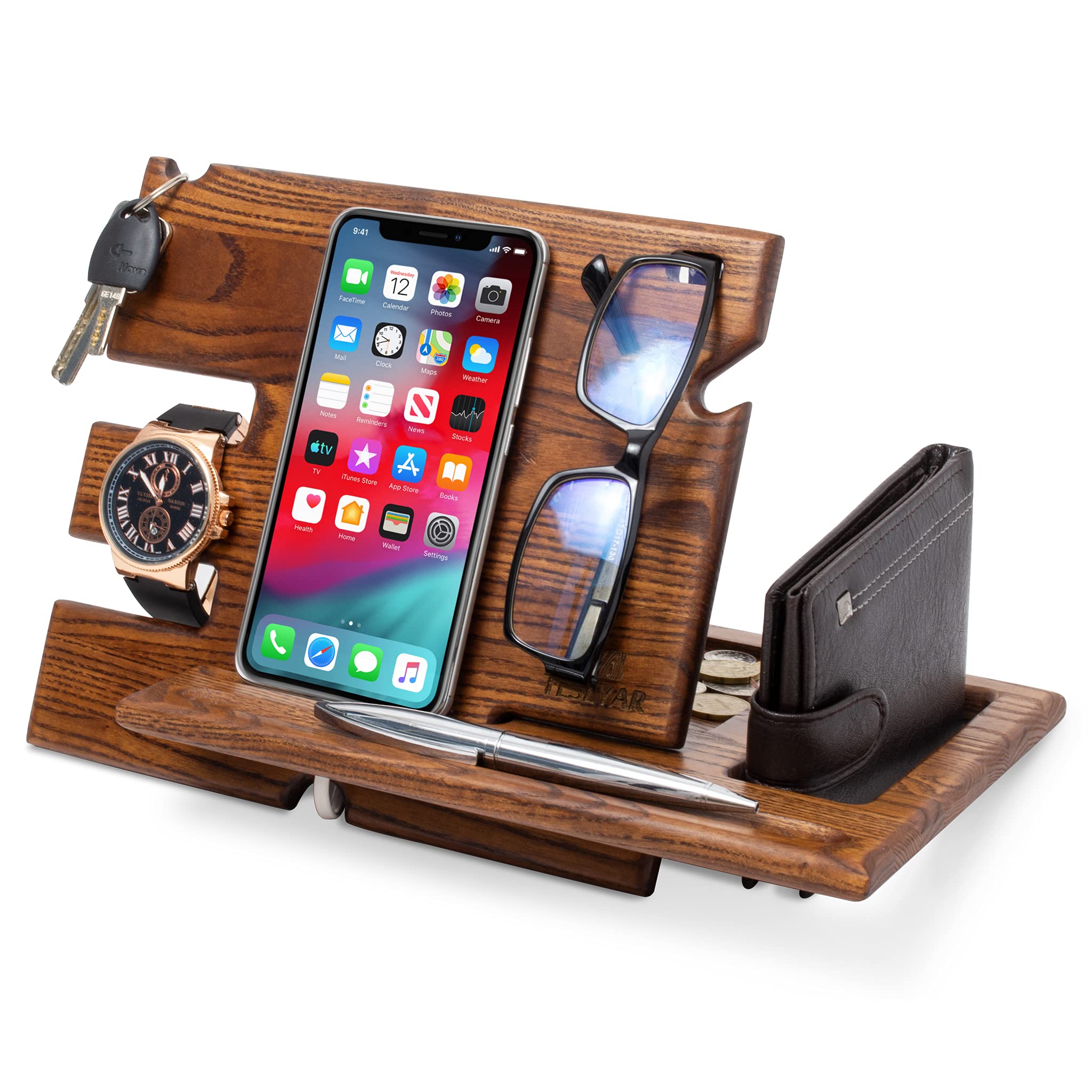 TESLYAR Wood Phone Docking Station Ash Key Holder Wallet Stand Watch Organizer Men Gift Husband Wife Anniversary Dad Birthday Nightstand Purse Father Graduation Male Travel Idea Gadgets
