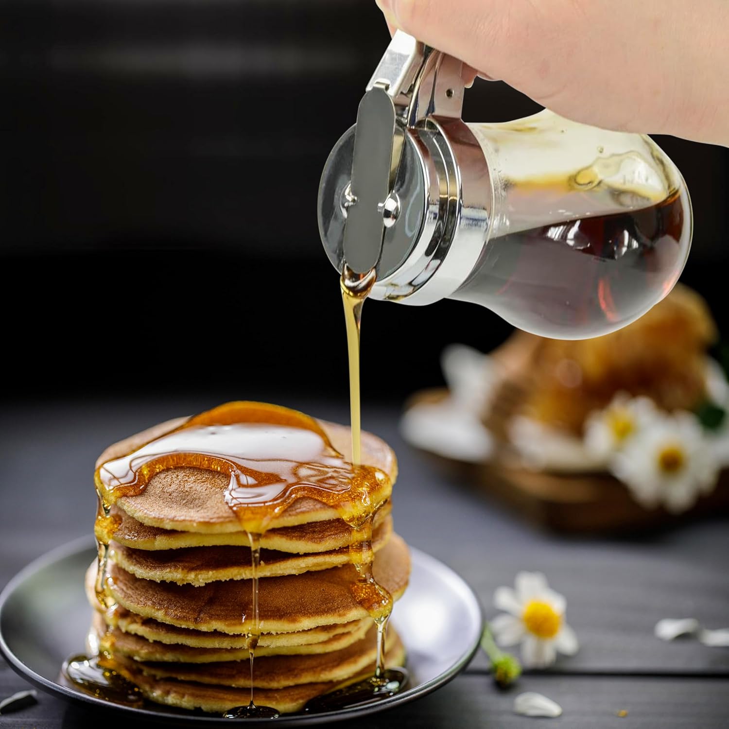 Great Credentials© Syrup Dispenser with Cast Zinc Top Glass Bulb Jar, Sugar Dispenser, Retracting Spout, Dispensing Thumb-Lever, 6 OZ. Pancake House Style set of 2