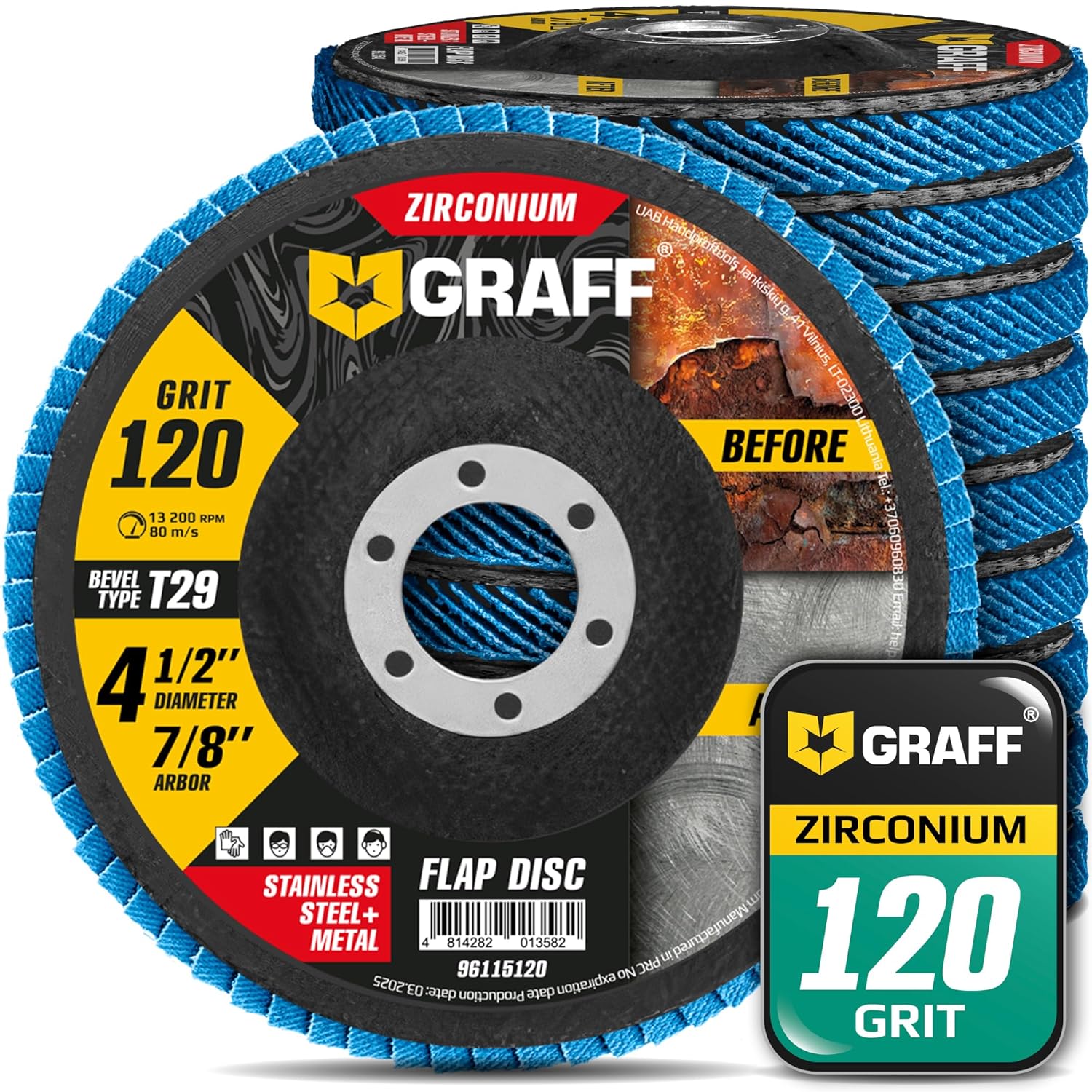 Zirconia Flap Discs 4 1/2 for Angle Grinder - 120 Grit Flap Wheels for Stainless Steel and Sheet Metal - Grinder Sanding Disc 7/8 Arbor (10 Pack) GRAFF
