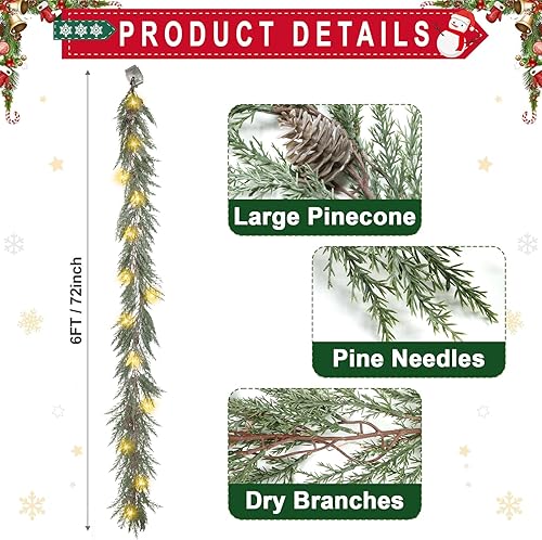 Miniatura 4 de Guirnalda de Navidad de 6 pies con luces, 30 luces cálidas con 8 modos de luz, guirnalda de Navidad preiluminada con piñas, guirnalda iluminada,