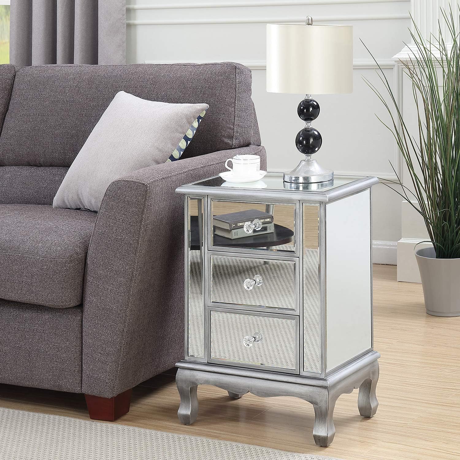 Convenience Concepts Gold Coast Vineyard Mirrored End Table 19" - Living Room Table with 3 Drawers for Storage, Side Table Side Table, Antique Silver/Mirror