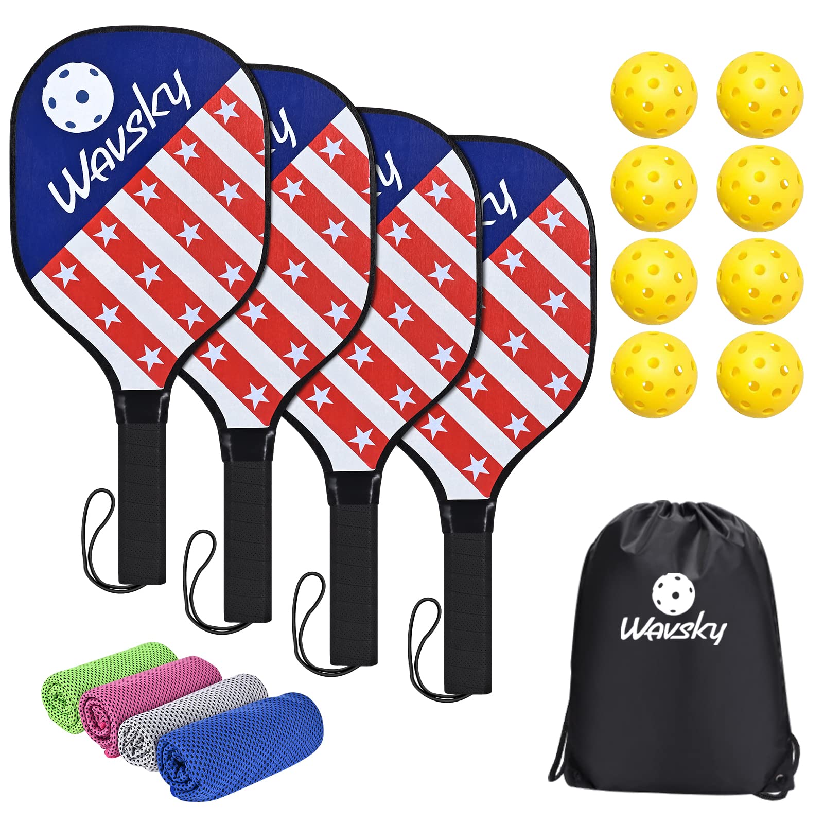 Wavsky Pickleball PaddlesPickleball Set of 4 Paddles, 8 Pickleball Balls, 4 Cooling Towels and