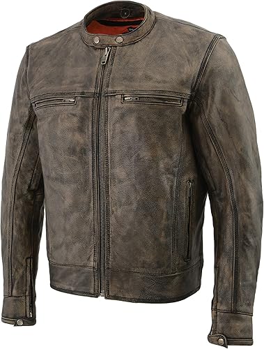 Vista 6 de Milwaukee Chamarra de piel café para hombre, estilo motocicleta con detalles de triple costura, L, Marrón