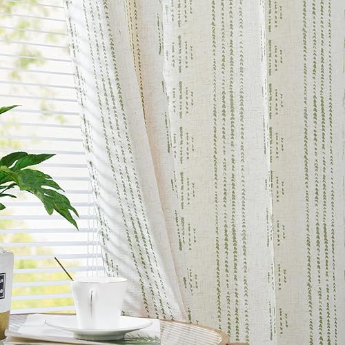 Miniatura 3 de Vangao Cortinas bohemias con rayas verdes, 63 pulgadas de largo, cortinas geométricas de lino para sala de estar, tratamiento de ventanas, 2 paneles