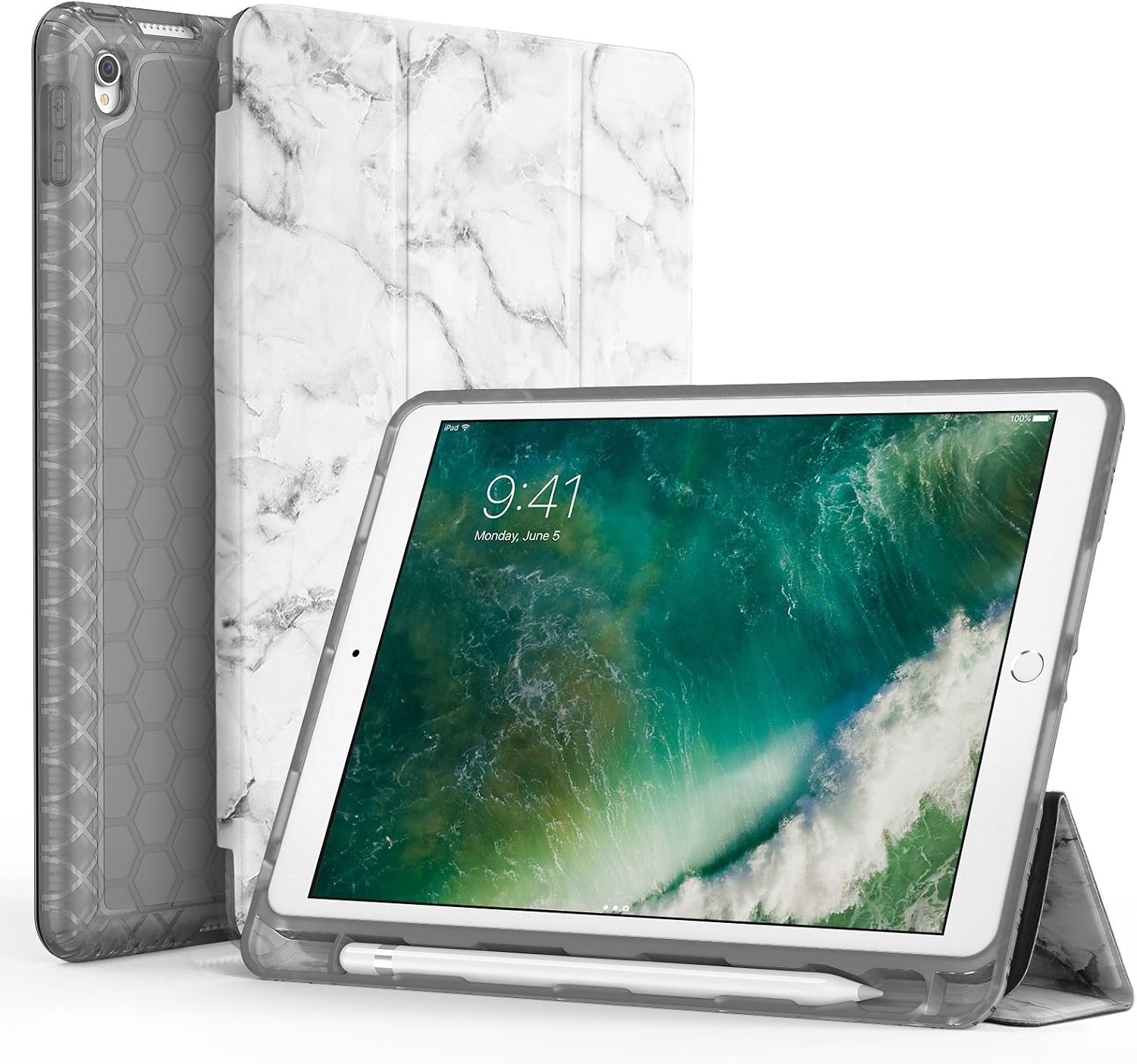 SWEES Compatible with iPad Air (3rd Gen) 10.5" 2019 / iPad Pro 10.5 2017 Case, Slim Full Body Protective Smart Cover Leather Case Shockproof with Stand Built-in Pencil Holder (S- White Marble)