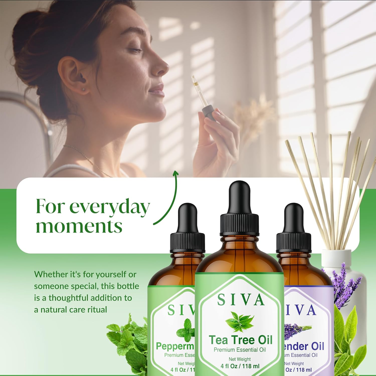 SIVA Tea Tree, Lavender & Peppermint Essential Oil 4oz Bundle Super Saver Combo – Premium Grade Bundle Set for Aromatherapy, Hair Care, Scalp Massage, Skin Care & Candles
